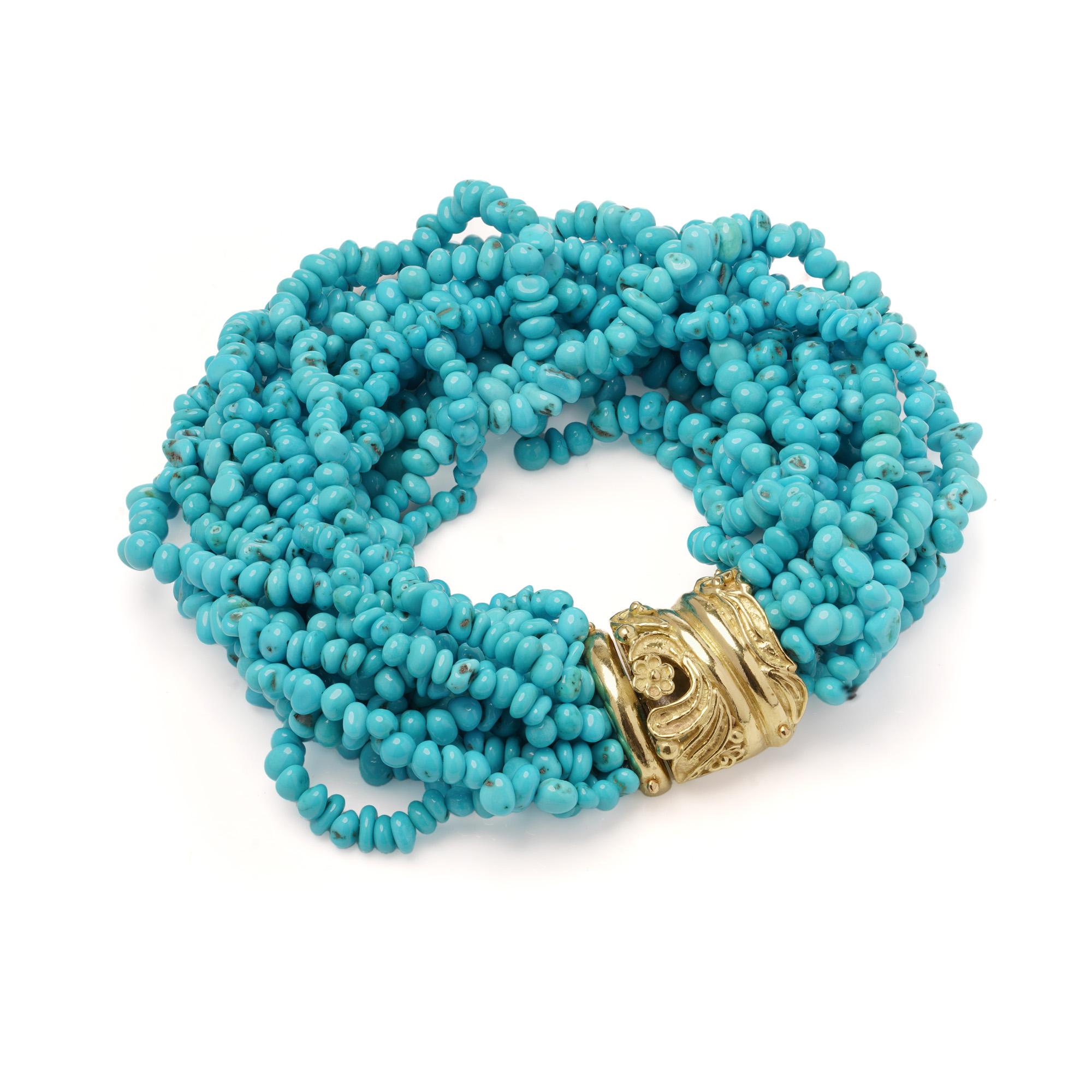 Bracelet multibrins en or jaune 18kt et turquoise naturelle en vente 3
