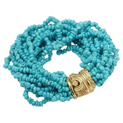 Antique 18kt Yellow Gold and Natural Turquoise Bead Multi-Strand Bracelet
