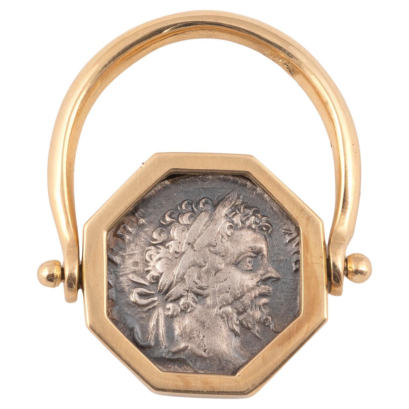18kt Yellow Gold and Roman Silver Coin 197 AD Ring In Excellent Condition In Firenze, IT