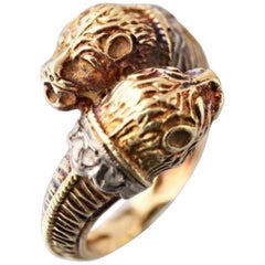 Vintage 18 Karat Yellow Gold and Rose Diamond Lioness' Head Motif Ring