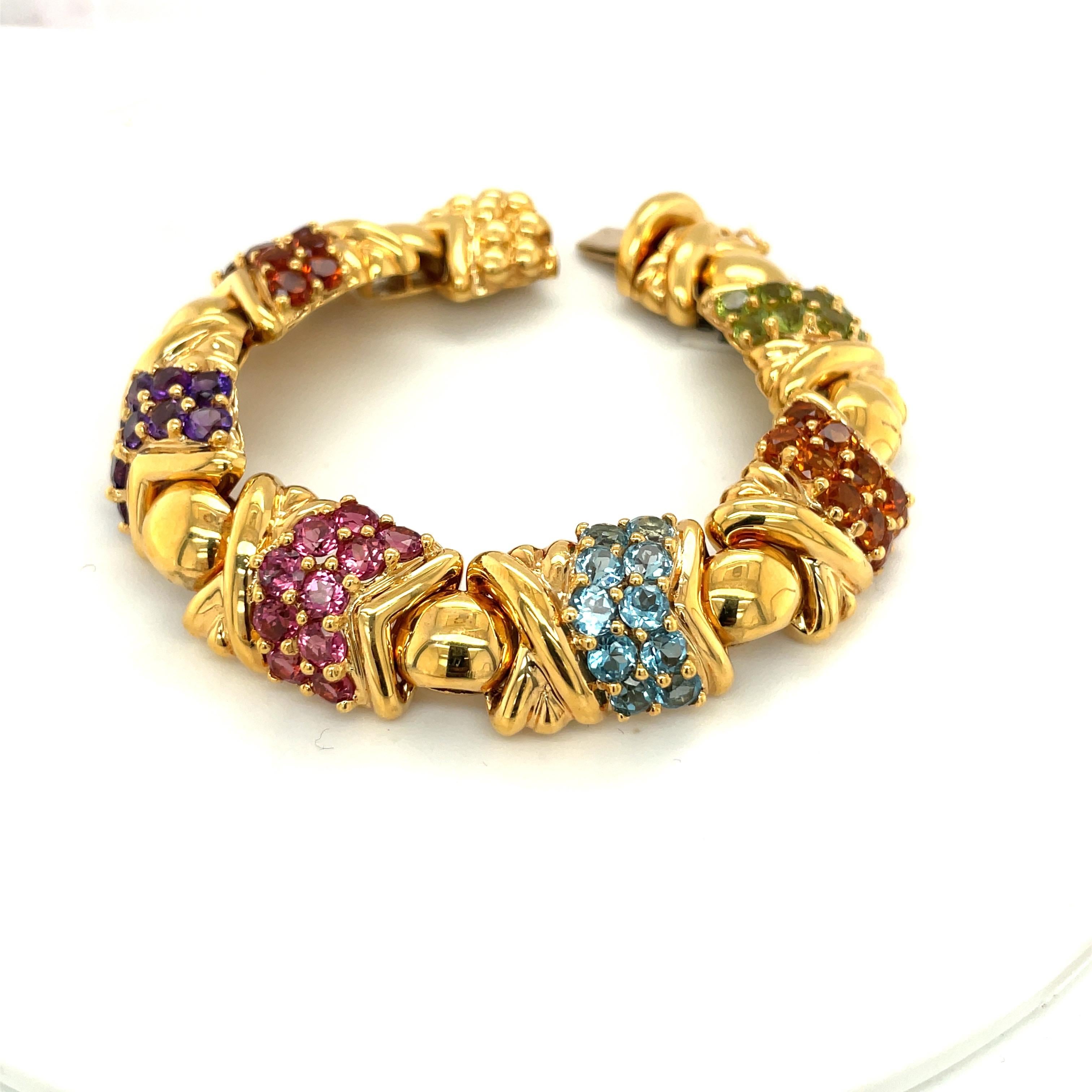 Women's or Men's 18KT Yellow Gold and Semi-Precious Gem Link Bracelet with 