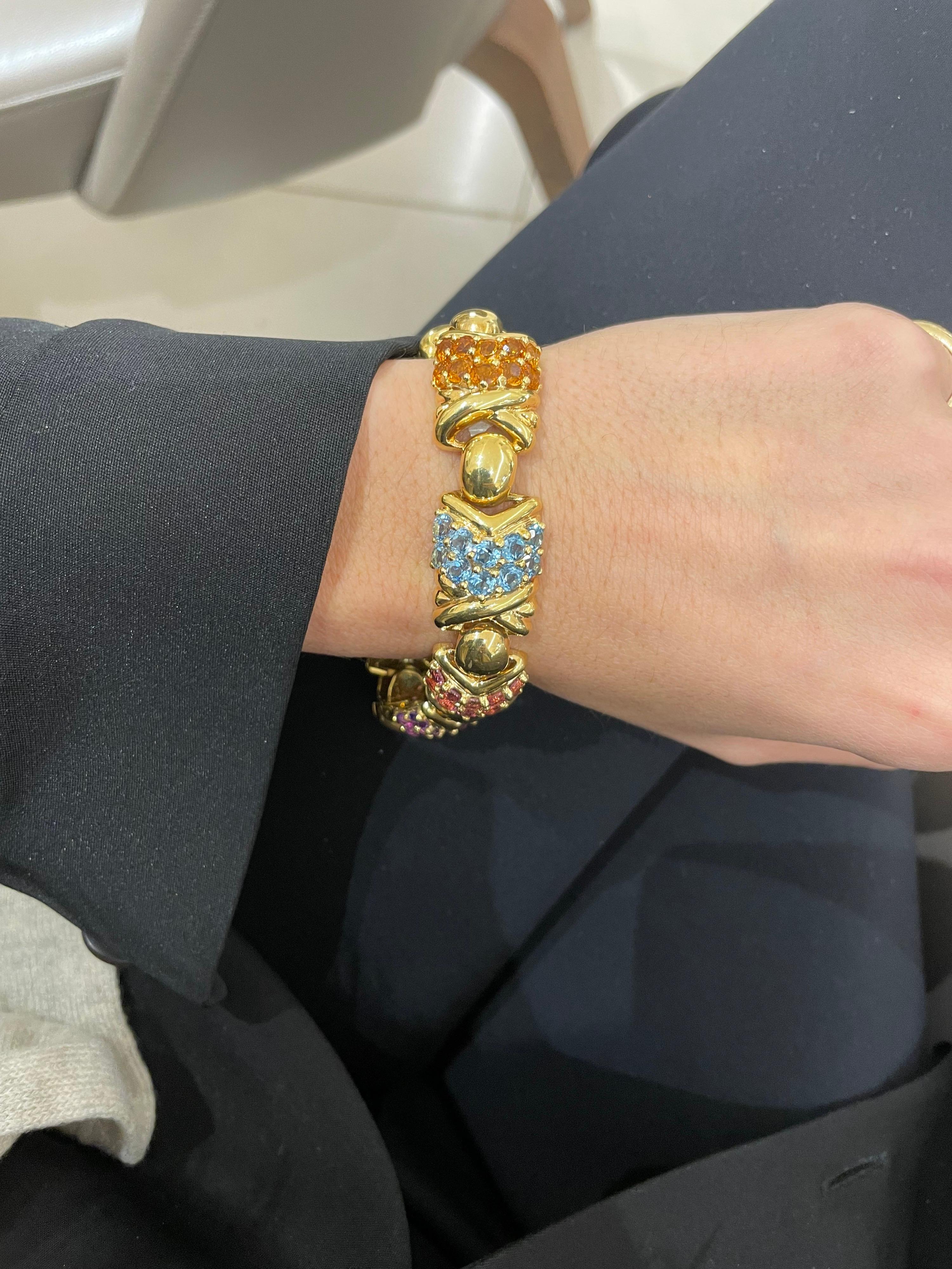Bracelet à maillons en or jaune 18 carats et pierres semi-précieuses avec motif « X » en vente 1