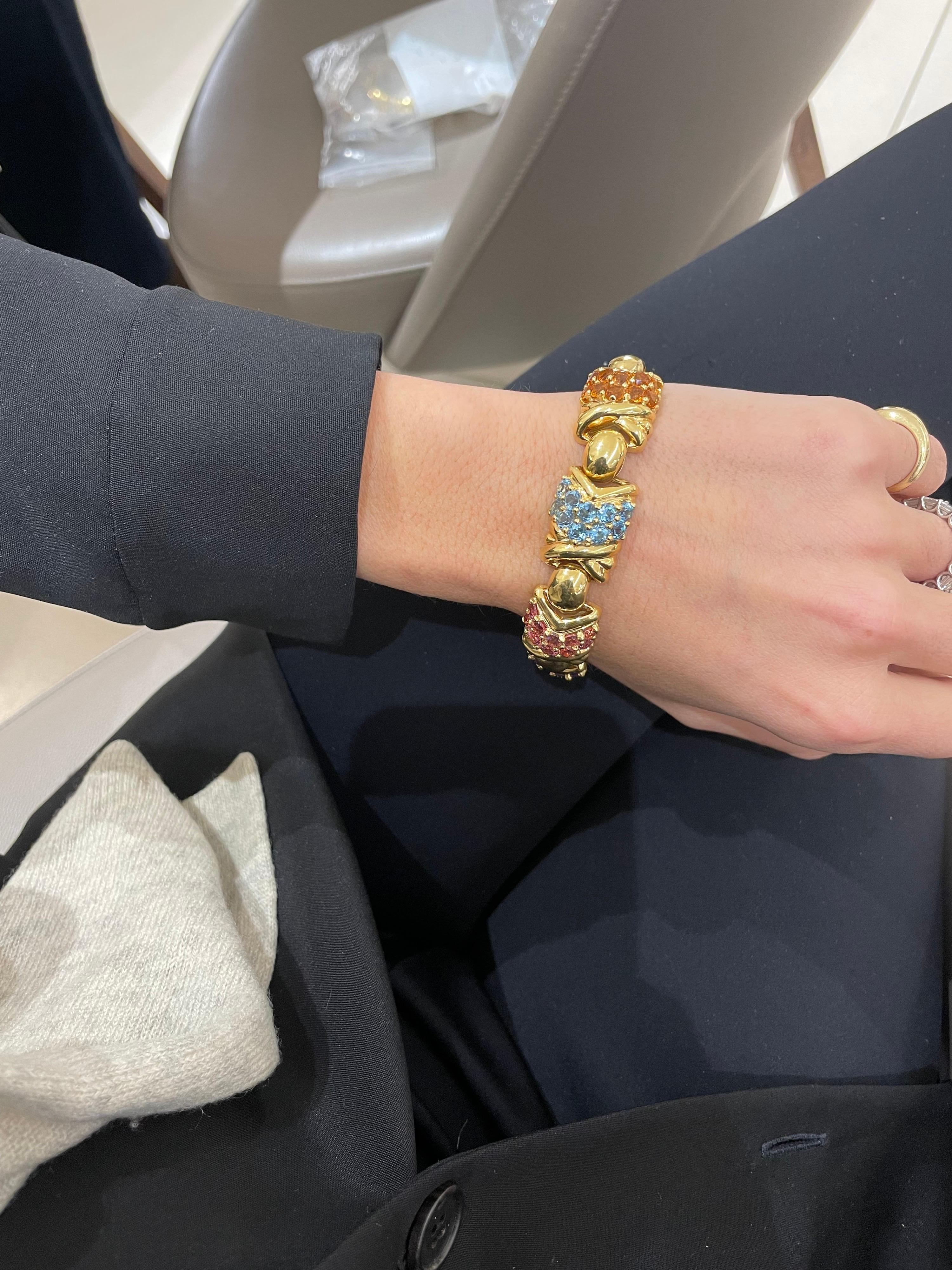 Bracelet à maillons en or jaune 18 carats et pierres semi-précieuses avec motif « X » en vente 2