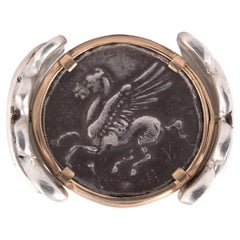 18 Kt Yellow Gold and Silver Ancient Silver Coin Corinthia 375-300 BC Men's Ring