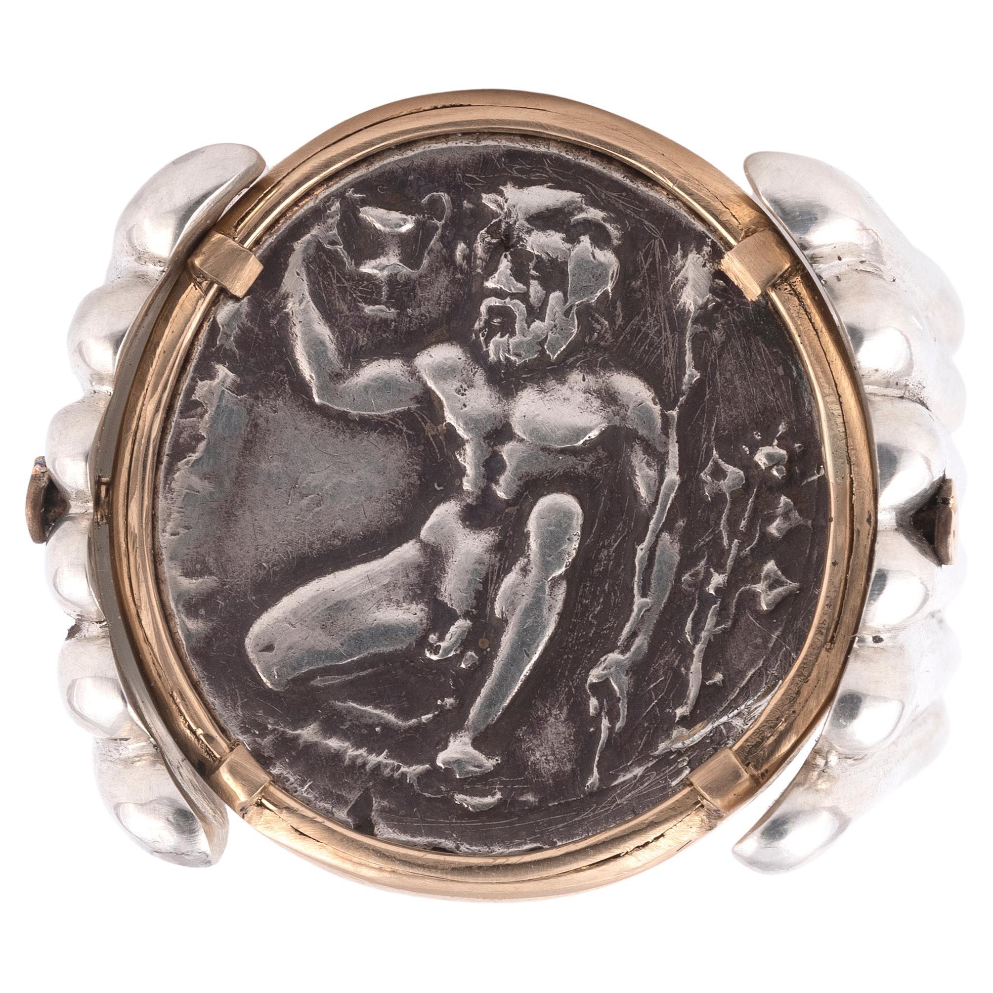Classical Greek 18kt Yellow Gold and Silver Ancient Silver Dracma Naxos 415-403 BC Men's Ring