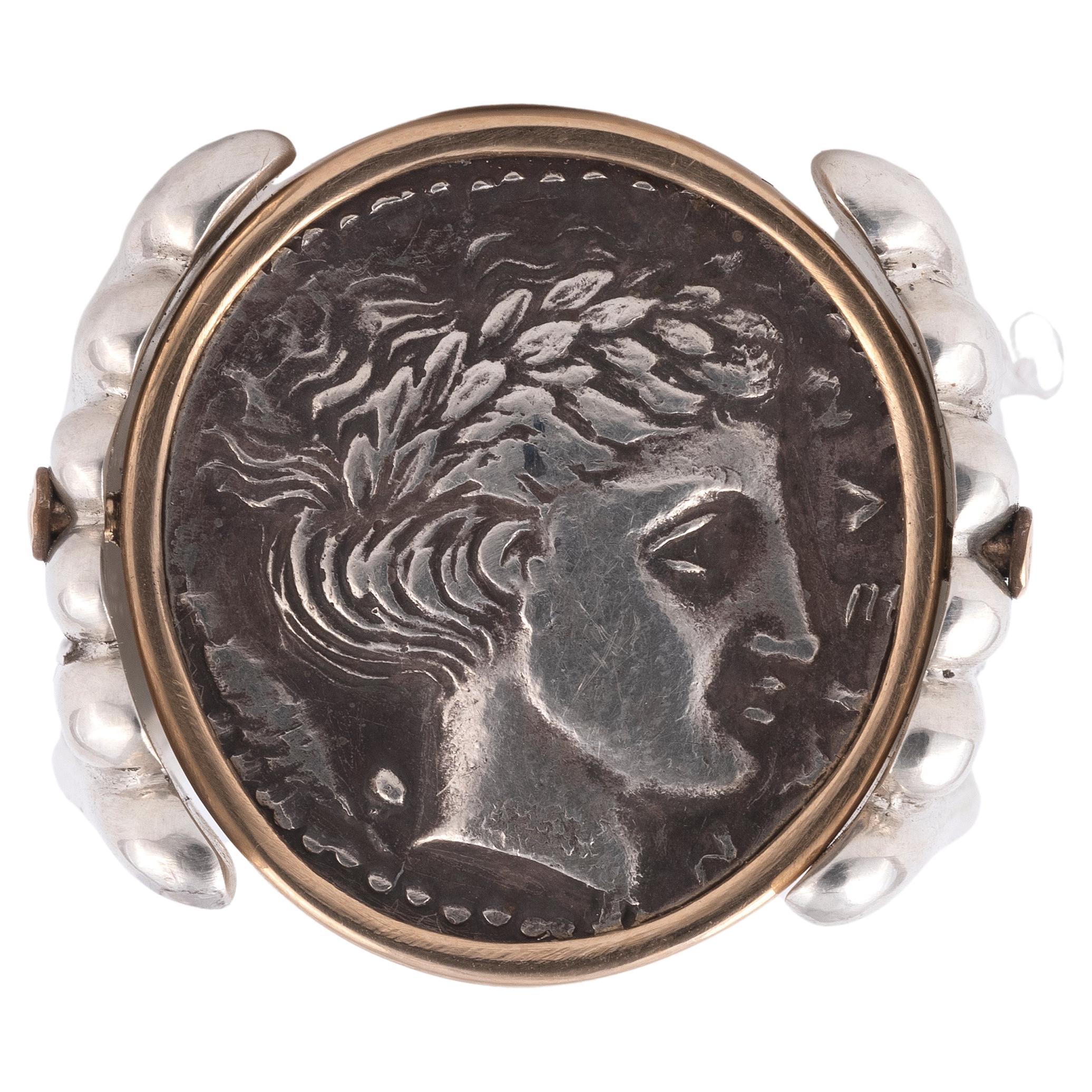 18kt Yellow Gold and Silver Ancient Silver Dracma Naxos 415-403 BC Men's Ring