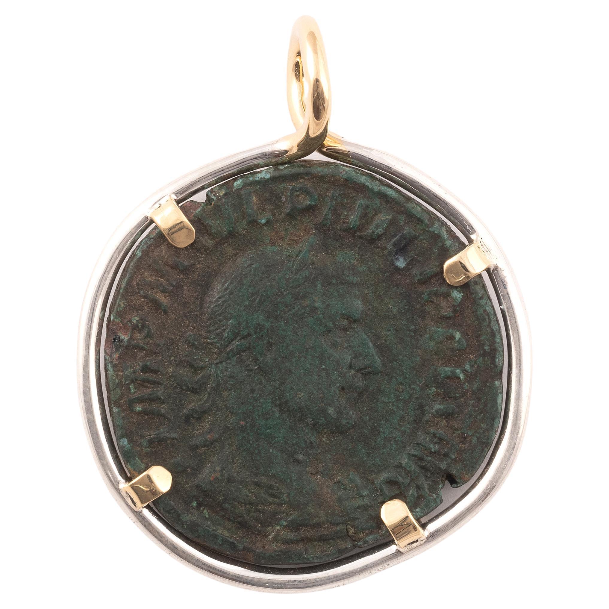 Classical Roman 18kt Yellow Gold And Silver Bronze Roman Coin 244-249 A.D. For Sale