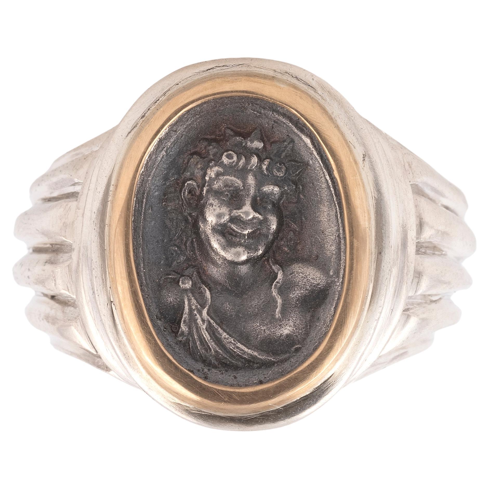 Women's or Men's 18kt Yellow Gold And Silver Cameo A Smiling Satyr Men's Ring  For Sale