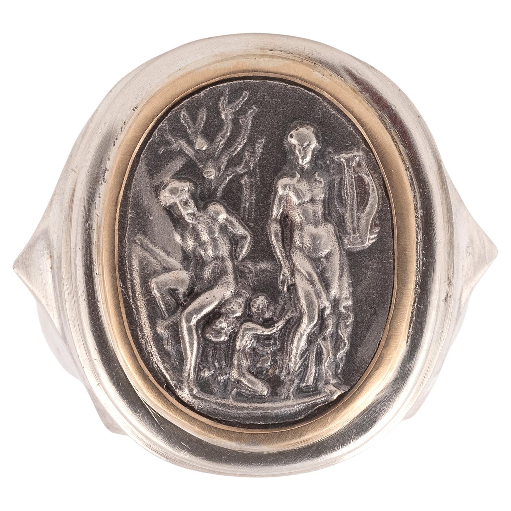 Bague pour homme en or jaune 18kt et argent avec camée et scène allégorique 