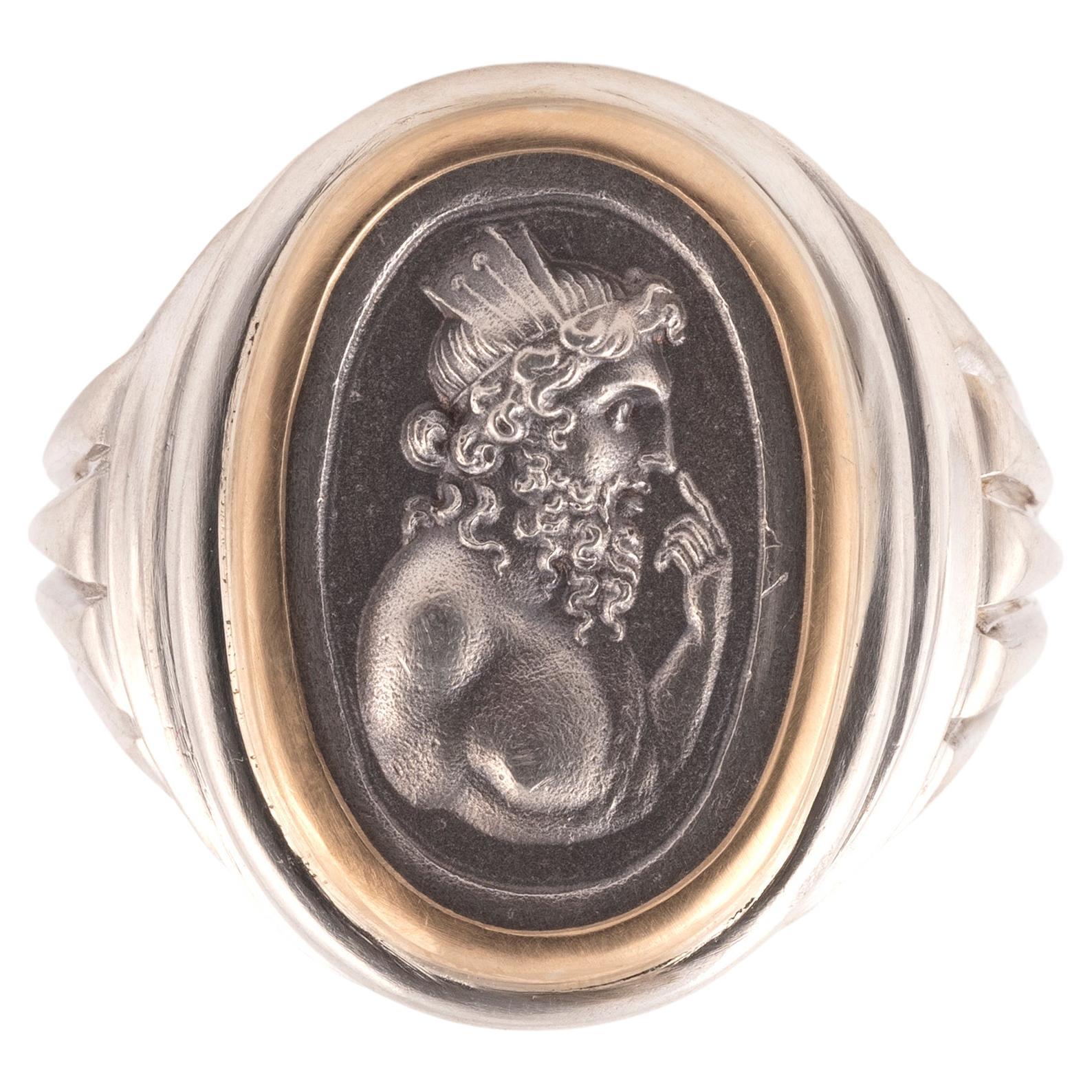 Women's or Men's 18kt Yellow Gold And Silver Cameo Neptune Men's Ring  For Sale