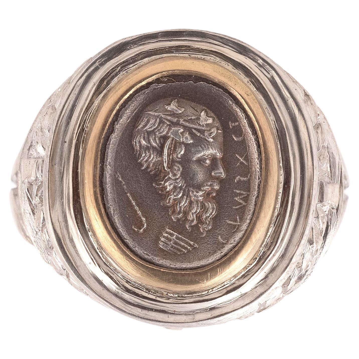 Women's or Men's 18kt Yellow Gold And Silver Cameo Pan Men's Ring  For Sale