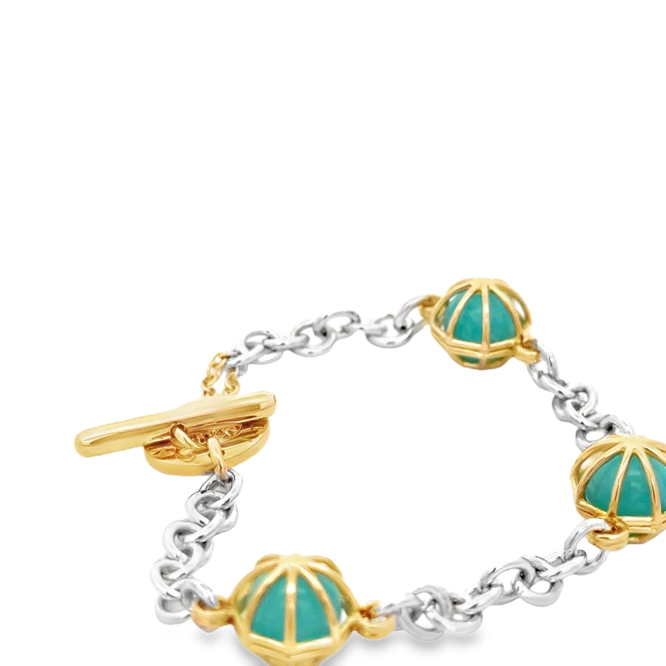 Women's or Men's 18KT Yellow Gold and Silver Chain Bracelet with Praseolite  Spheres For Sale