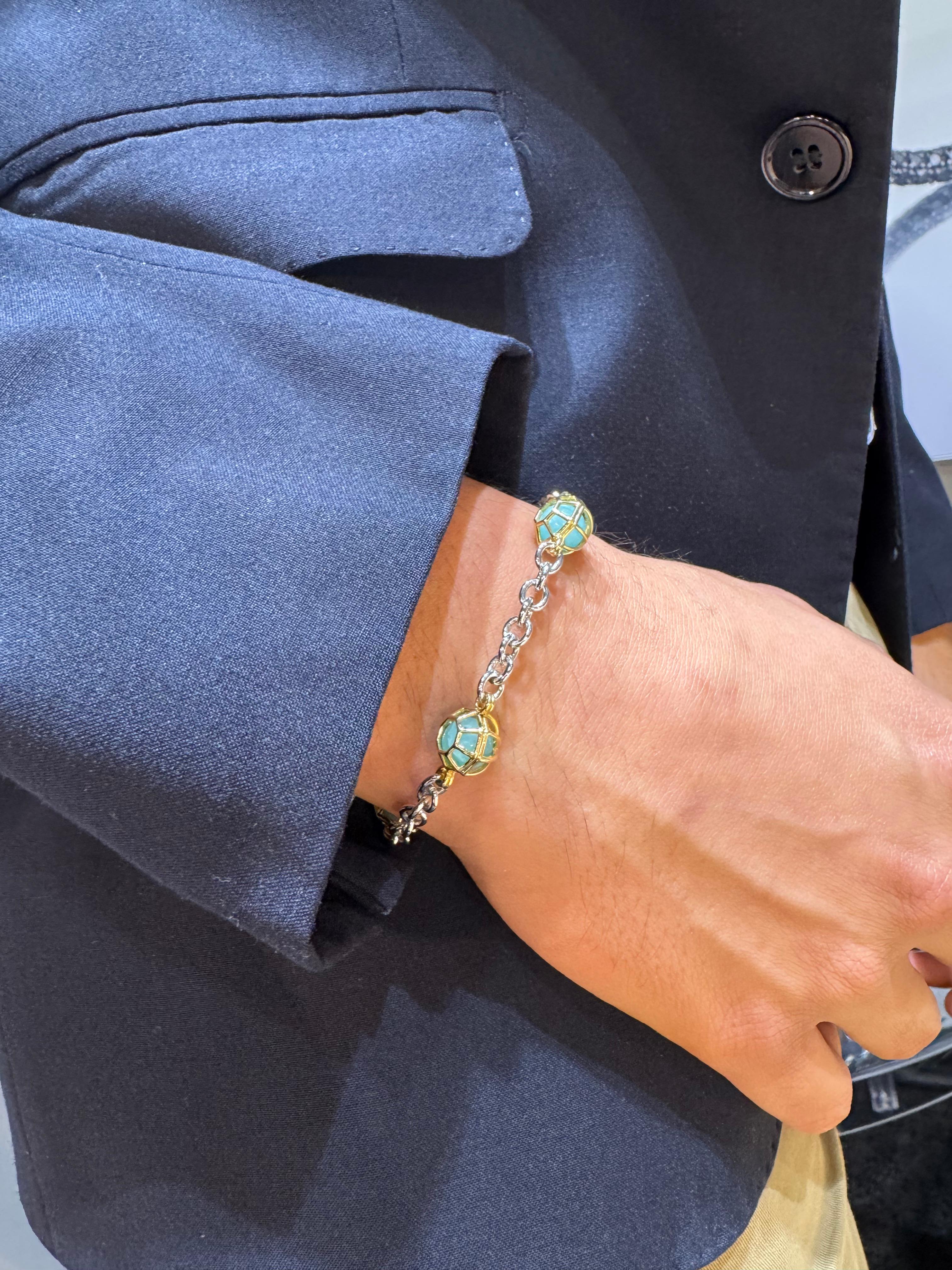 18KT Kettenarmband aus Gelbgold und Silber mit Praseolite  Sphären im Angebot 2