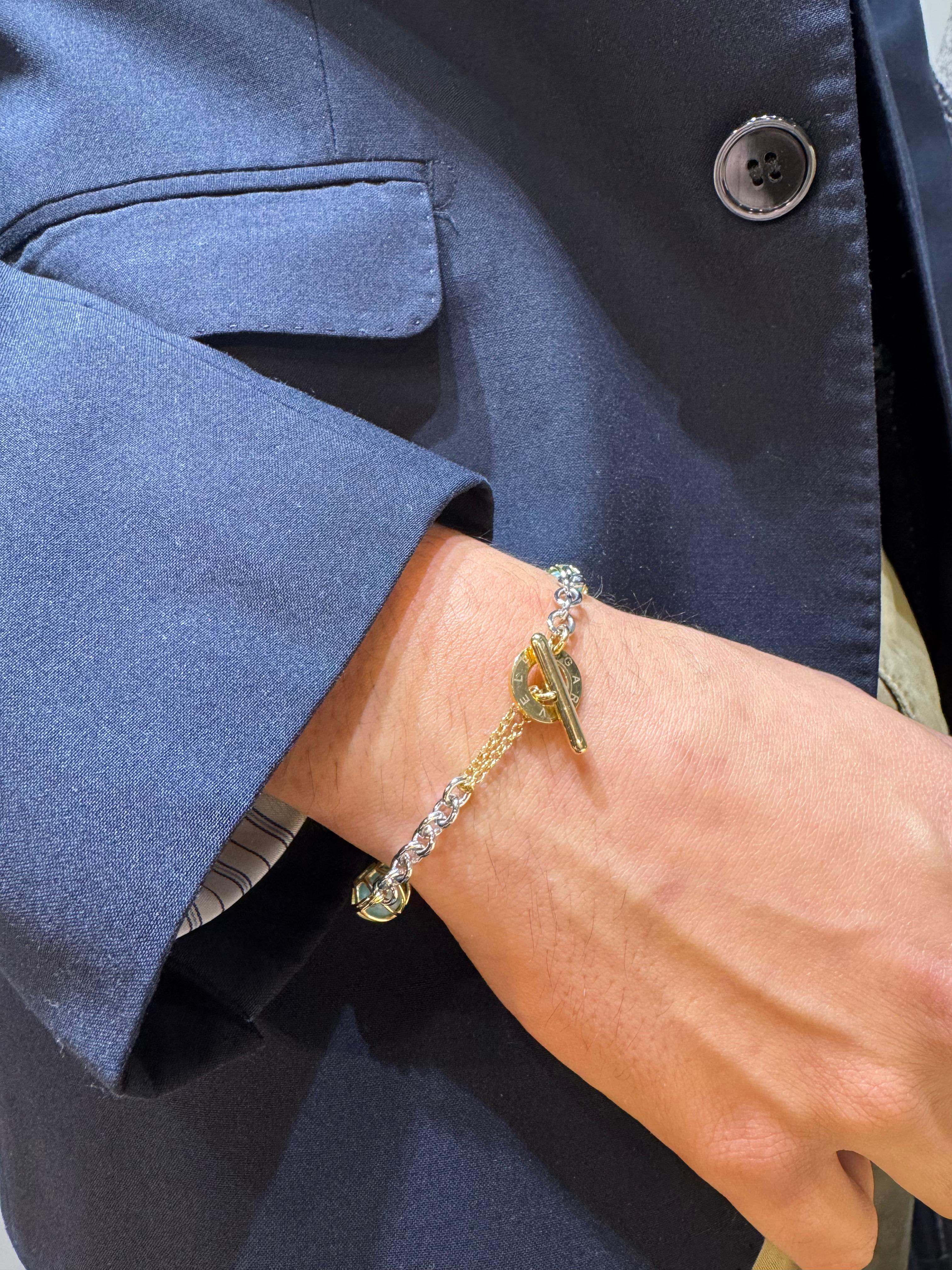 18KT Yellow Gold and Silver Chain Bracelet with Praseolite  Spheres For Sale 3