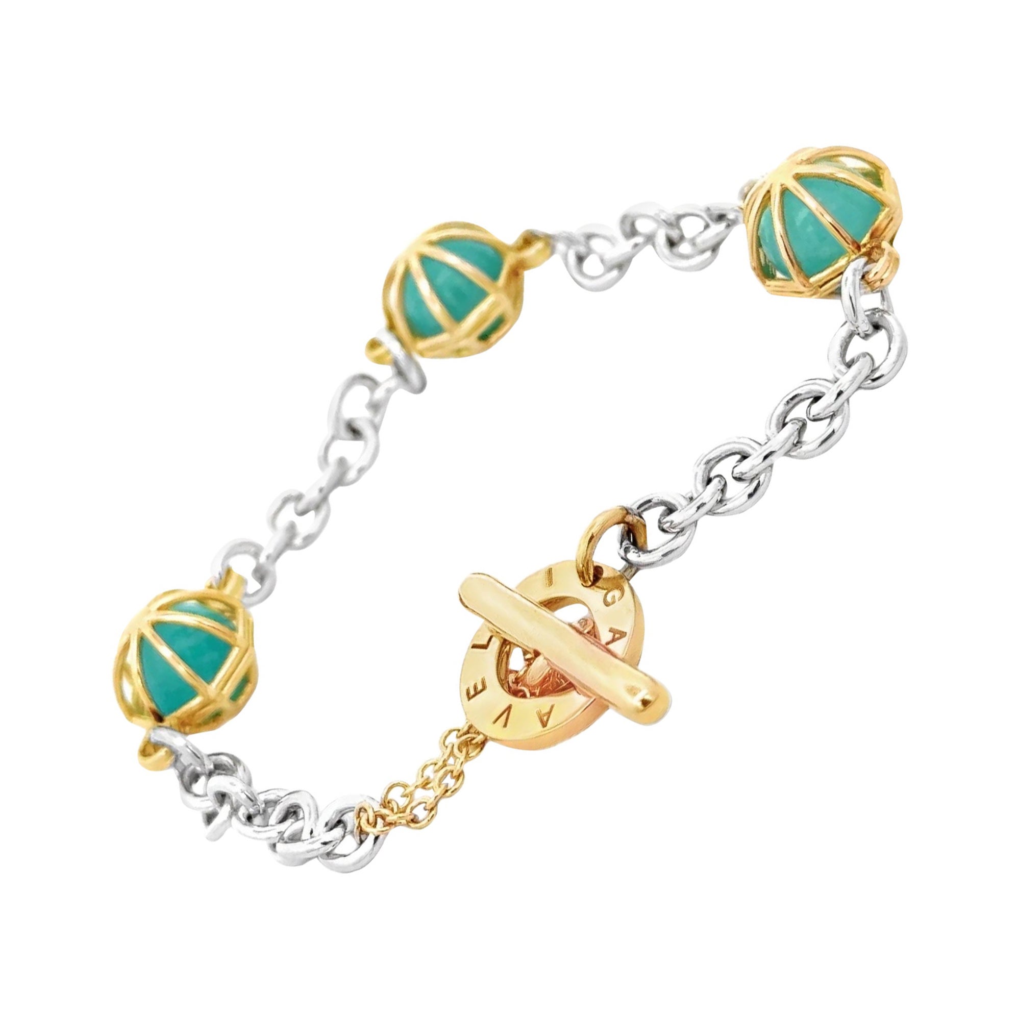 18KT Yellow Gold and Silver Chain Bracelet with Praseolite  Spheres For Sale