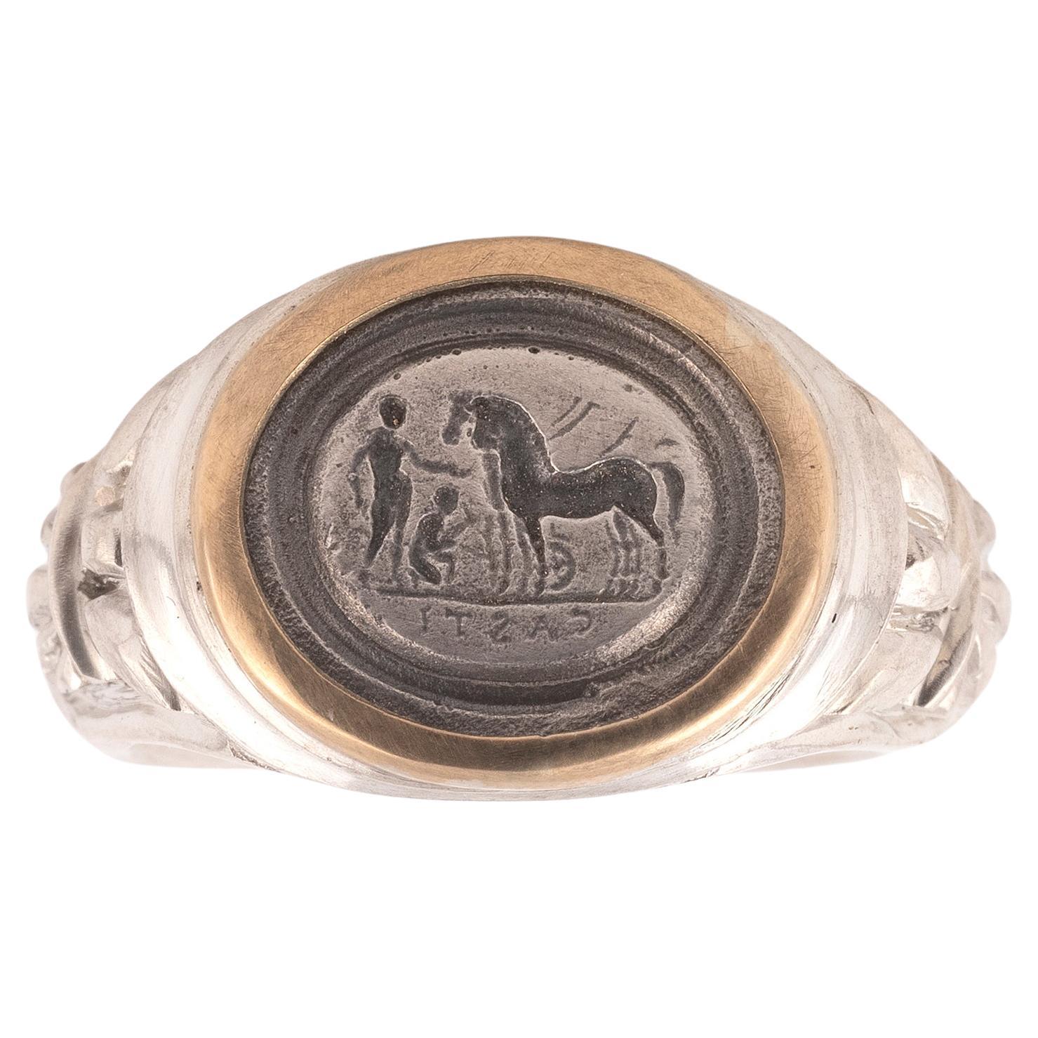 Women's or Men's 18kt Yellow Gold And Silver Intaglio Horses Men's Ring  For Sale