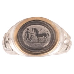 18kt Yellow Gold And Silver Intaglio Horses Men's Ring 