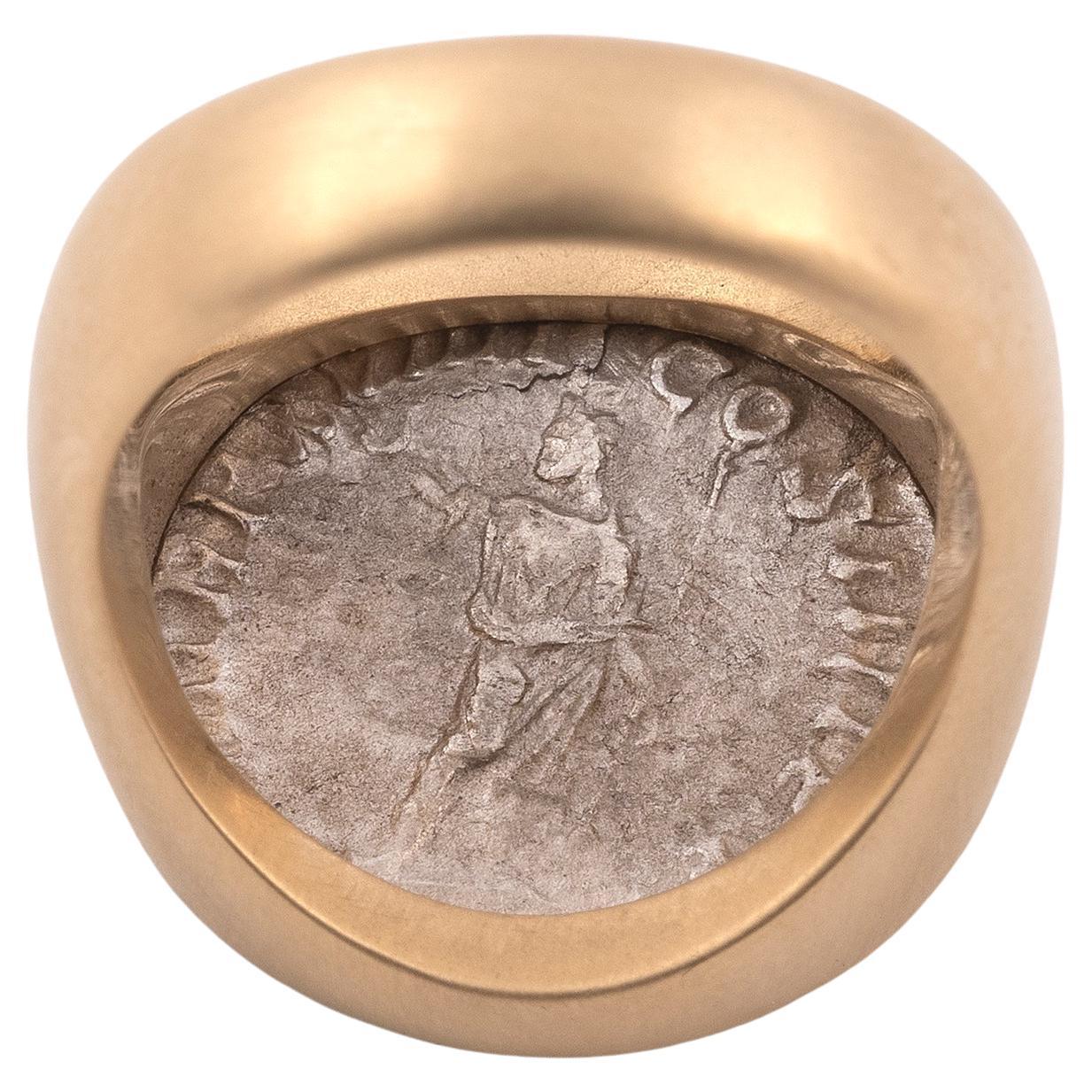 Classical Roman 18kt Yellow Gold And Silver Roman Coin Caracalla Ring  For Sale