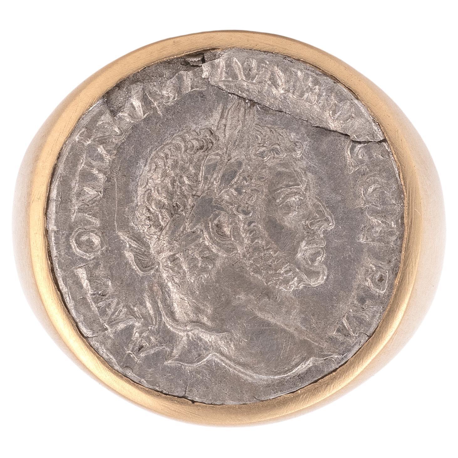 18kt Yellow Gold And Silver Roman Coin Caracalla Ring  Excellent état - En vente à Firenze, IT