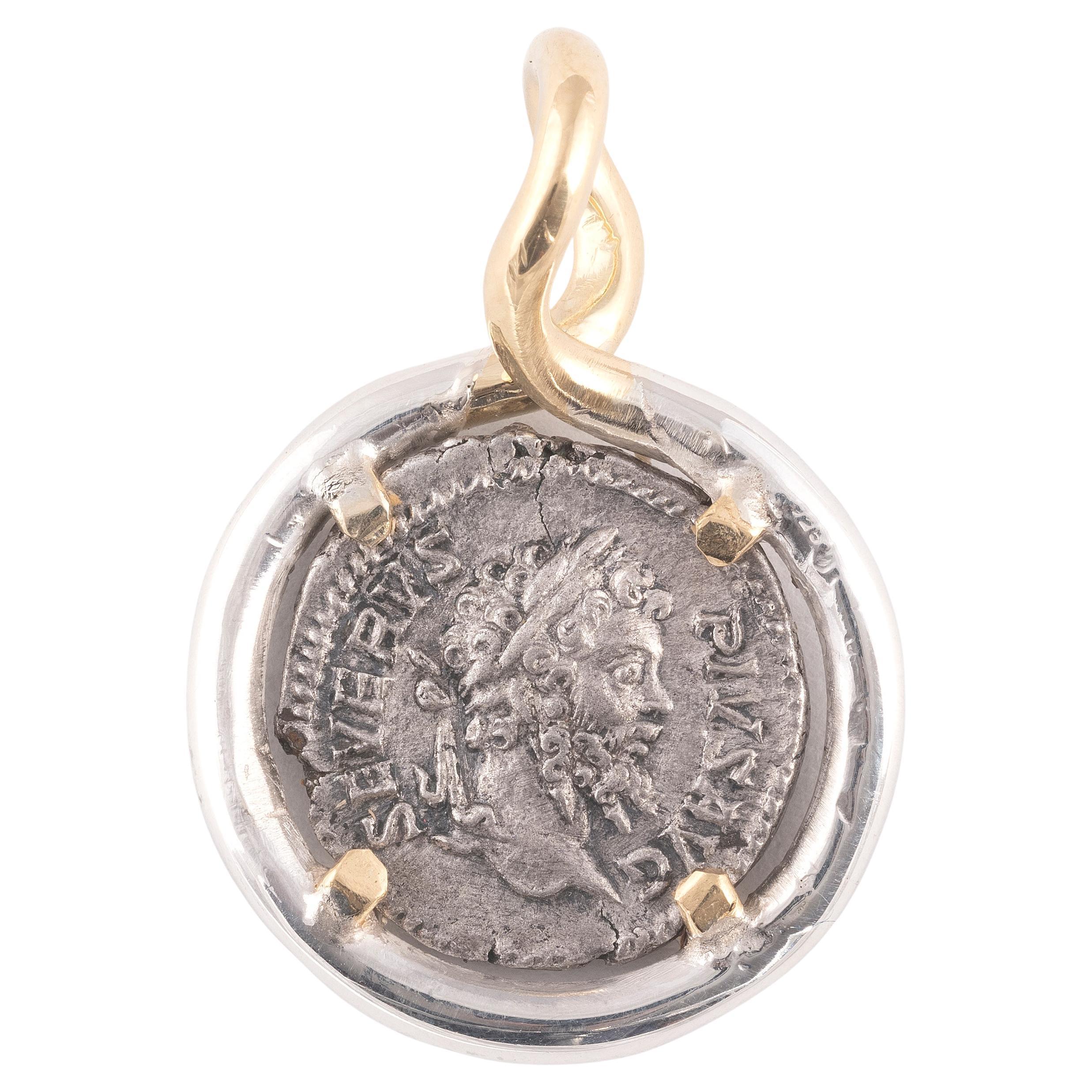 Moneda romana de oro amarillo y plata de 18 quilates Denario de Septimio Severo 193-211 d.C. en Excelente Estado en Firenze, IT