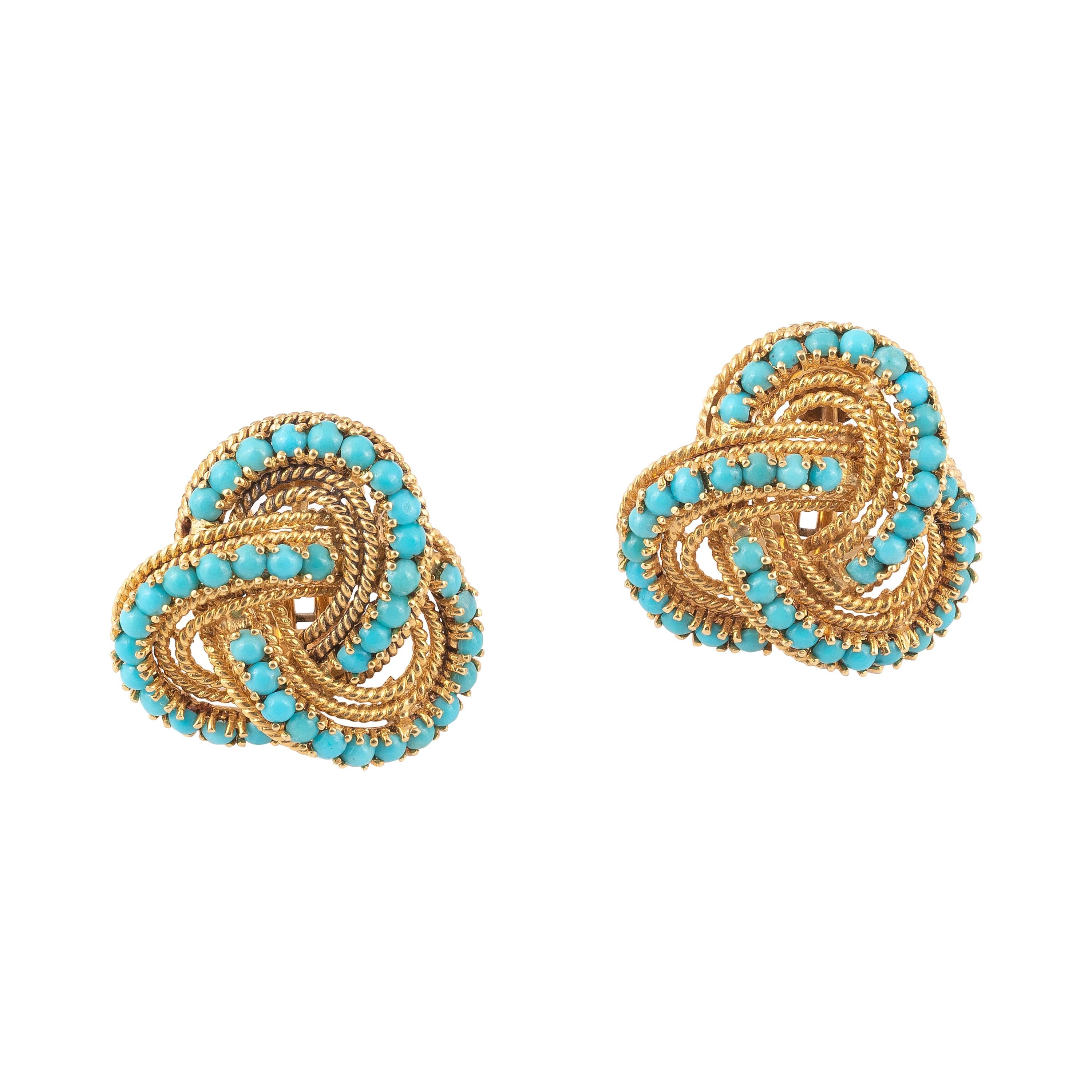 Cabochon 18kt Yellow Gold and Turquoise Knot Earclips