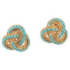 Vintage 18kt Yellow Gold and Turquoise Knot Earclips