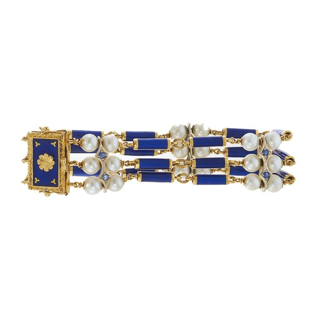 Round Cut 18KT Yellow Gold Antique Victorian Blue Enamel, Pearl, and Sapphire Row Bracelet For Sale