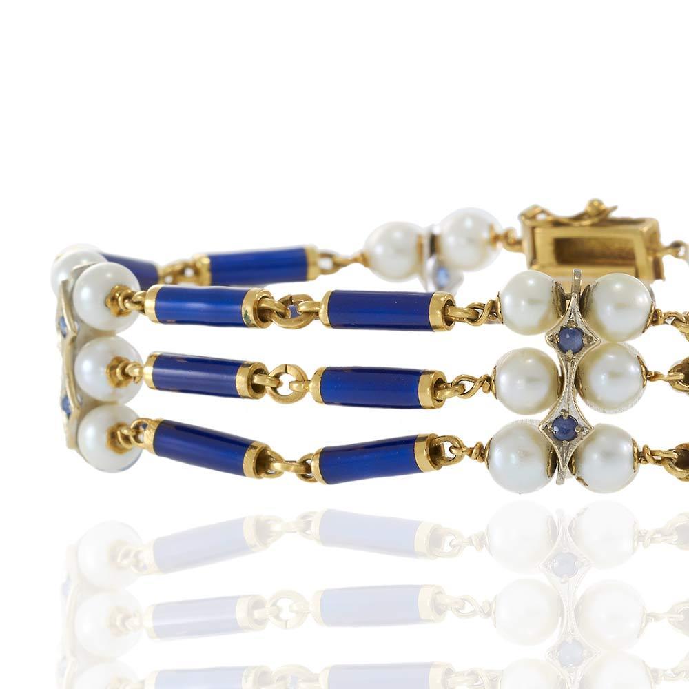 18KT Yellow Gold Antique Victorian Blue Enamel, Pearl, and Sapphire Row Bracelet In Good Condition For Sale In New York, NY