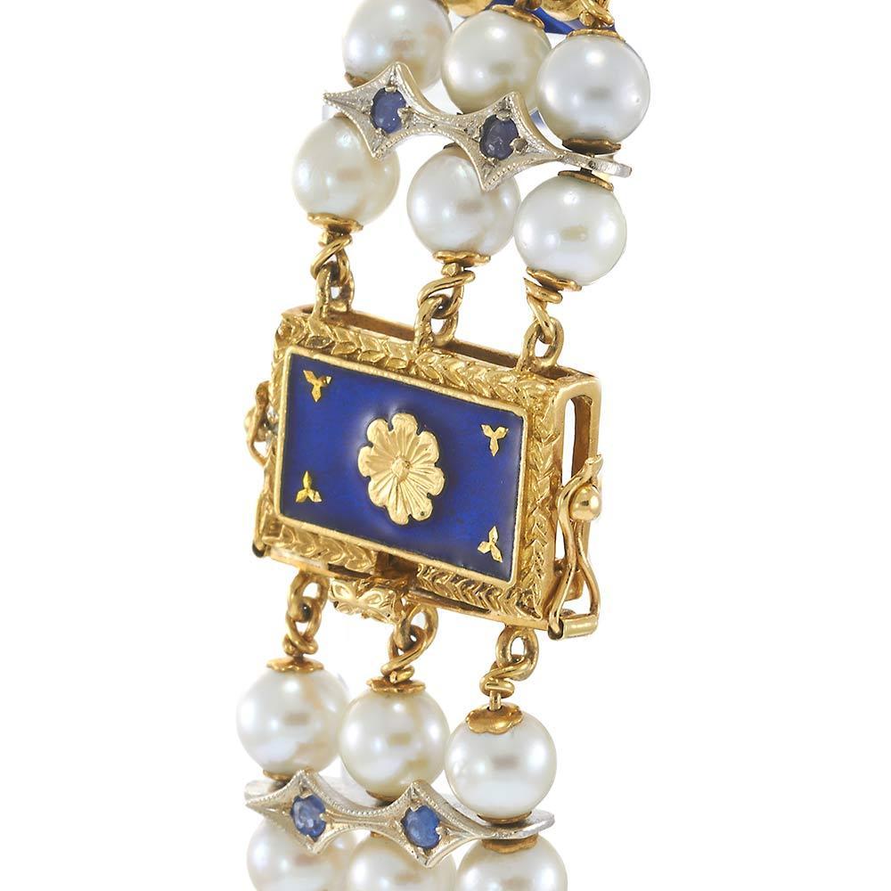 Women's 18KT Yellow Gold Antique Victorian Blue Enamel, Pearl, and Sapphire Row Bracelet For Sale