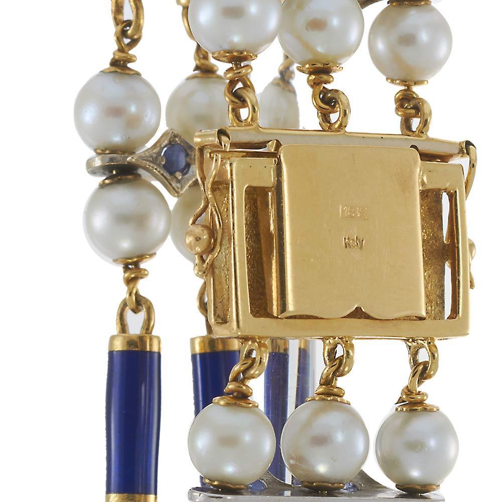 18KT Yellow Gold Antique Victorian Blue Enamel, Pearl, and Sapphire Row Bracelet For Sale 1