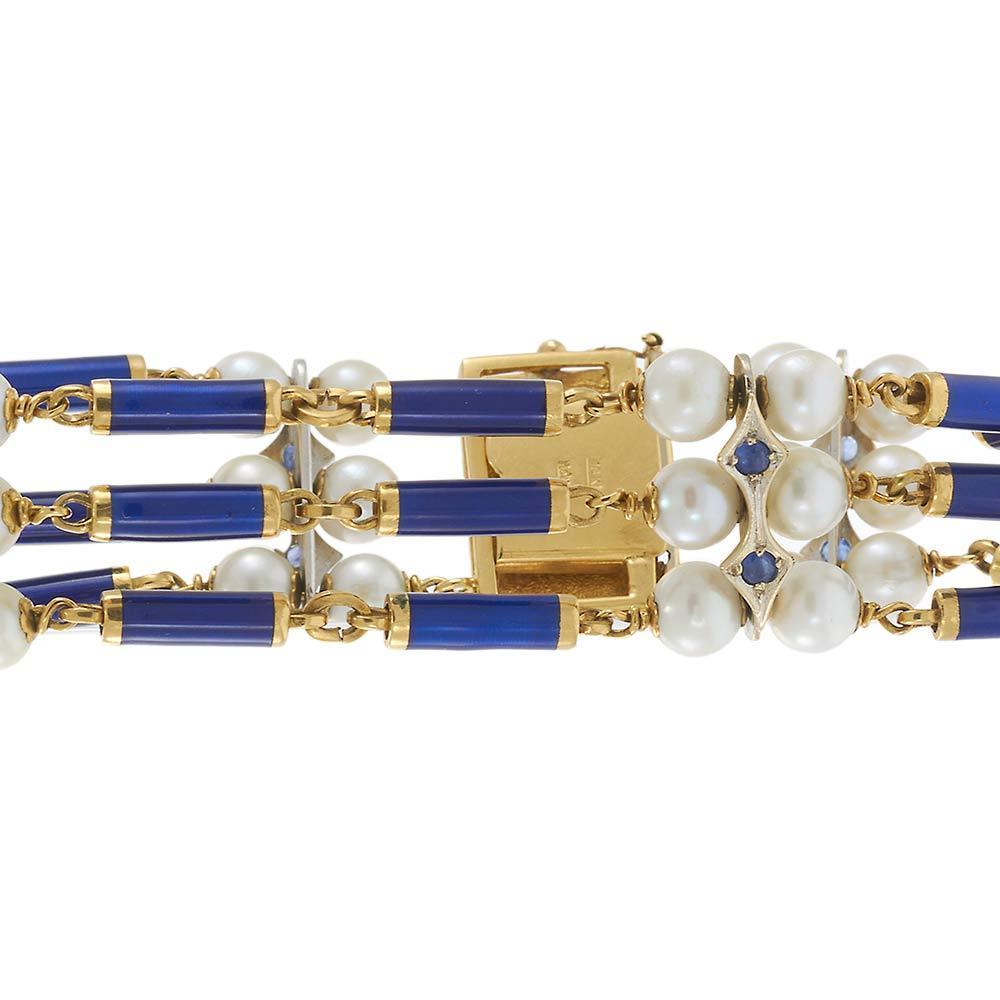 18KT Yellow Gold Antique Victorian Blue Enamel, Pearl, and Sapphire Row Bracelet For Sale 2