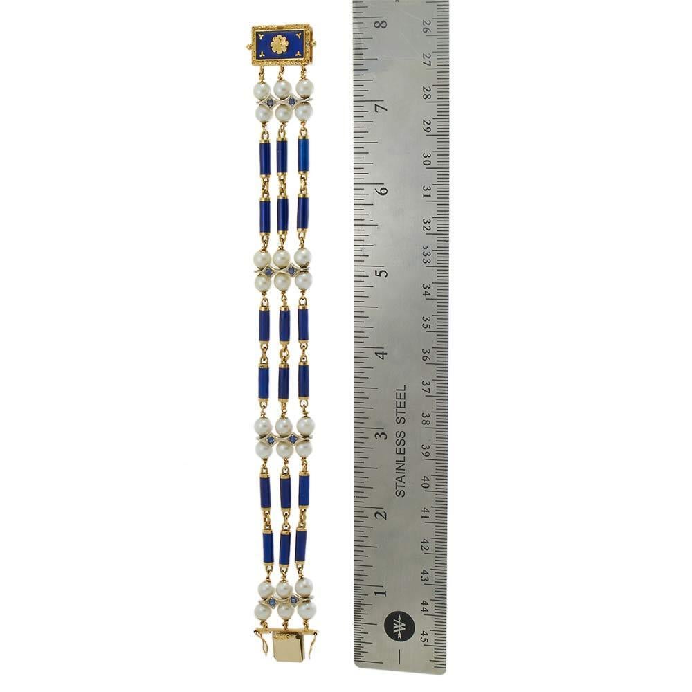 18KT Yellow Gold Antique Victorian Blue Enamel, Pearl, and Sapphire Row Bracelet For Sale 3
