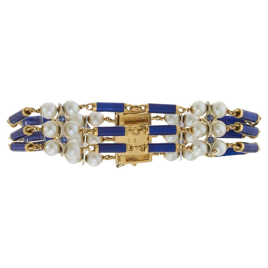 18KT Yellow Gold Antique Victorian Blue Enamel, Pearl, and Sapphire Row Bracelet For Sale