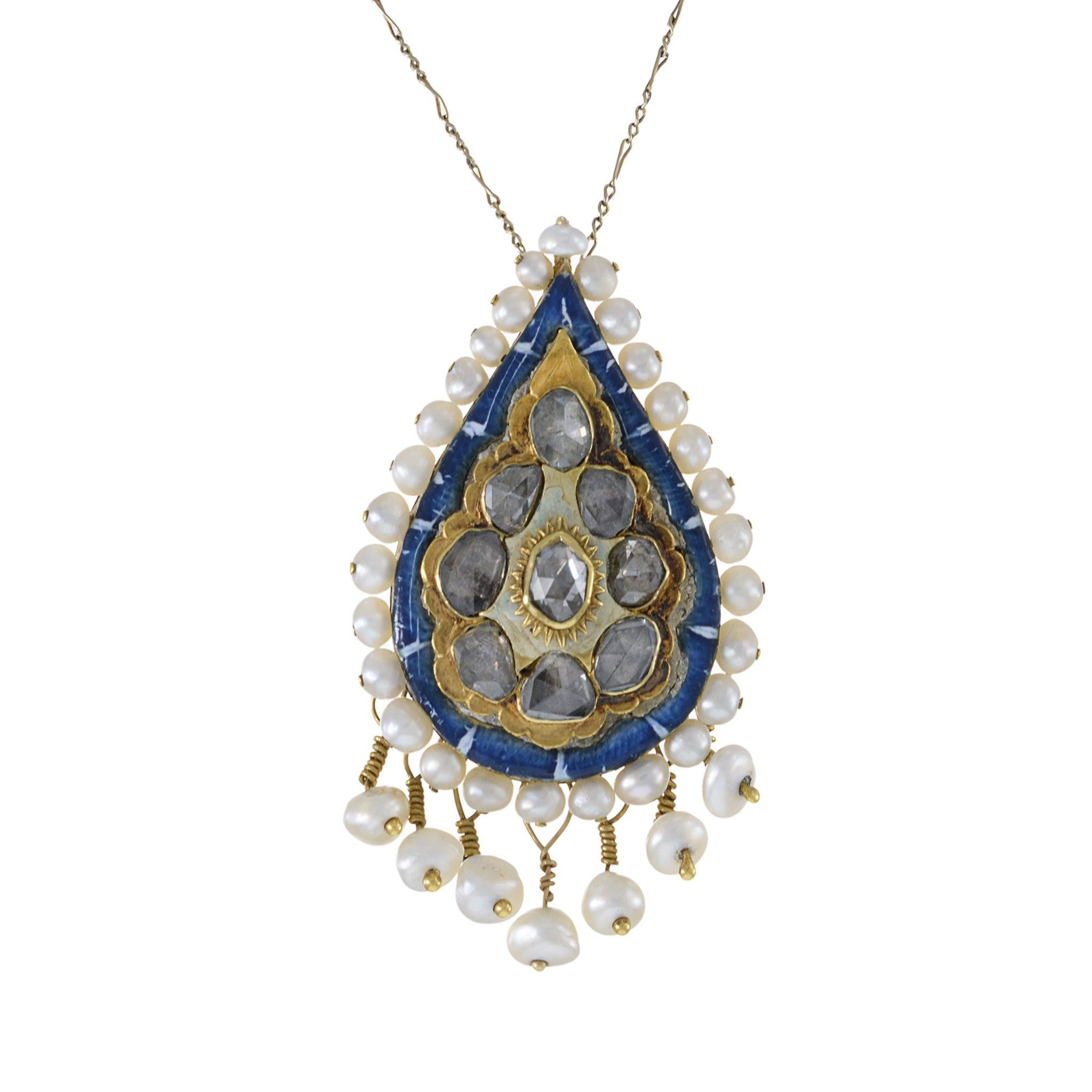 Rose Cut 18KT Yellow Gold Antique Victorian Era Enamel, Diamond, and Pearl Pendant For Sale