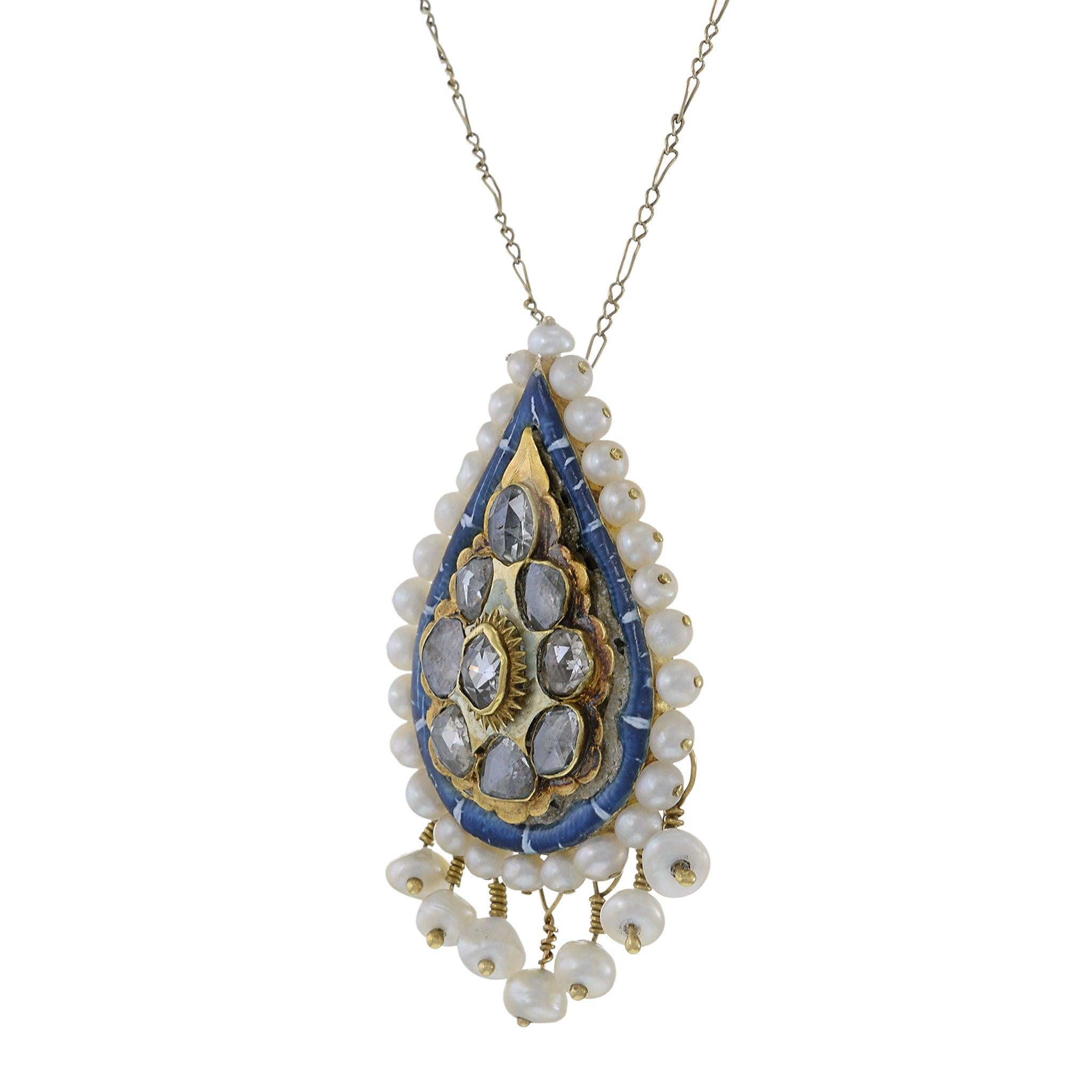 18KT Yellow Gold Antique Victorian Era Enamel, Diamond, and Pearl Pendant In Excellent Condition For Sale In New York, NY