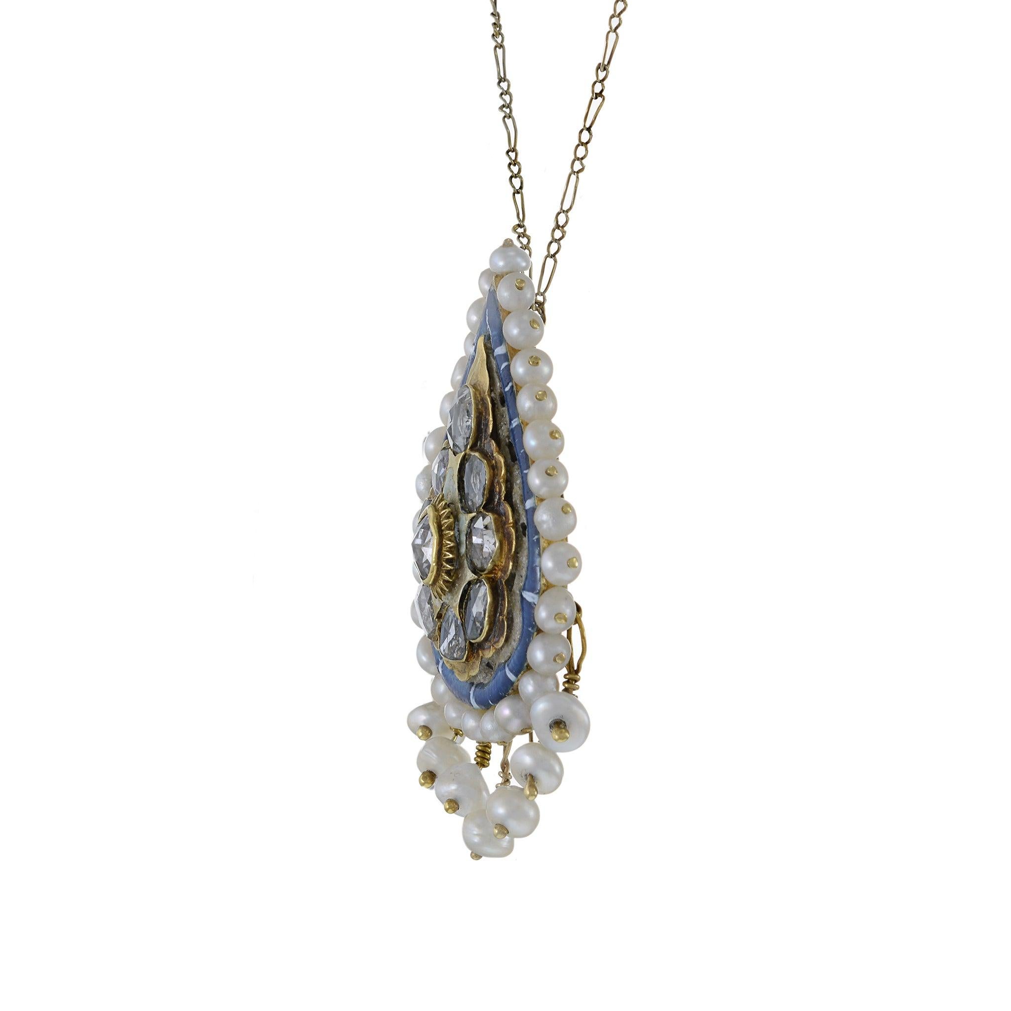 Women's 18KT Yellow Gold Antique Victorian Era Enamel, Diamond, and Pearl Pendant For Sale