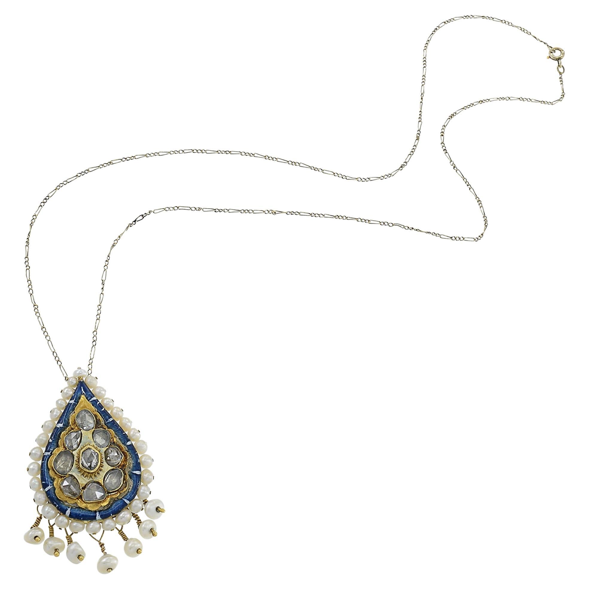 18KT Yellow Gold Antique Victorian Era Enamel, Diamond, and Pearl Pendant For Sale