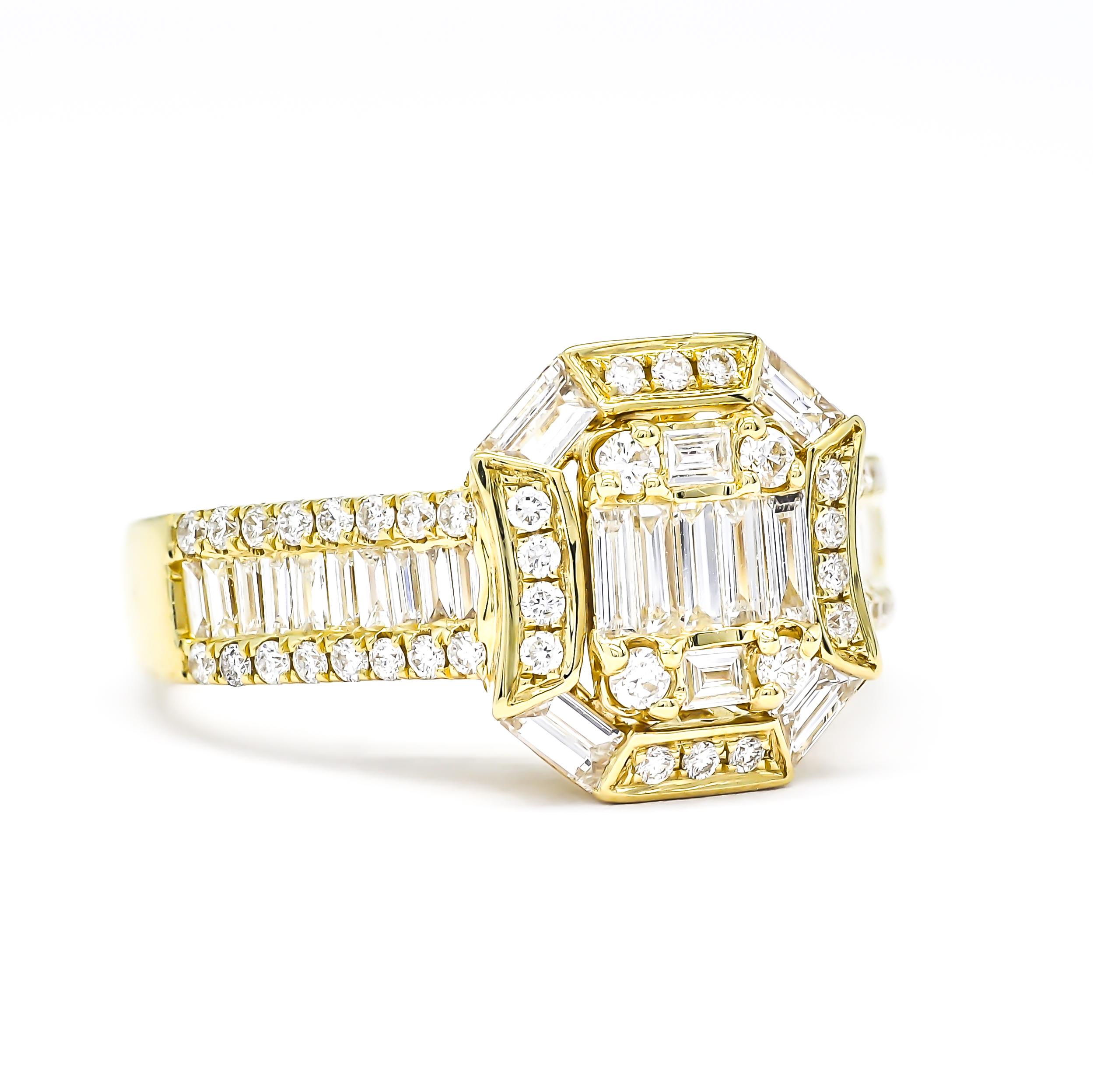 Ultra-modern and gorgeously glam, vow to sparkle with this uniquely elegant baguette and round-cut diamond engagement ring, artistically rendered in white gold. Additional baguette and Round stones decorate the polished yellow gold shank in a unique