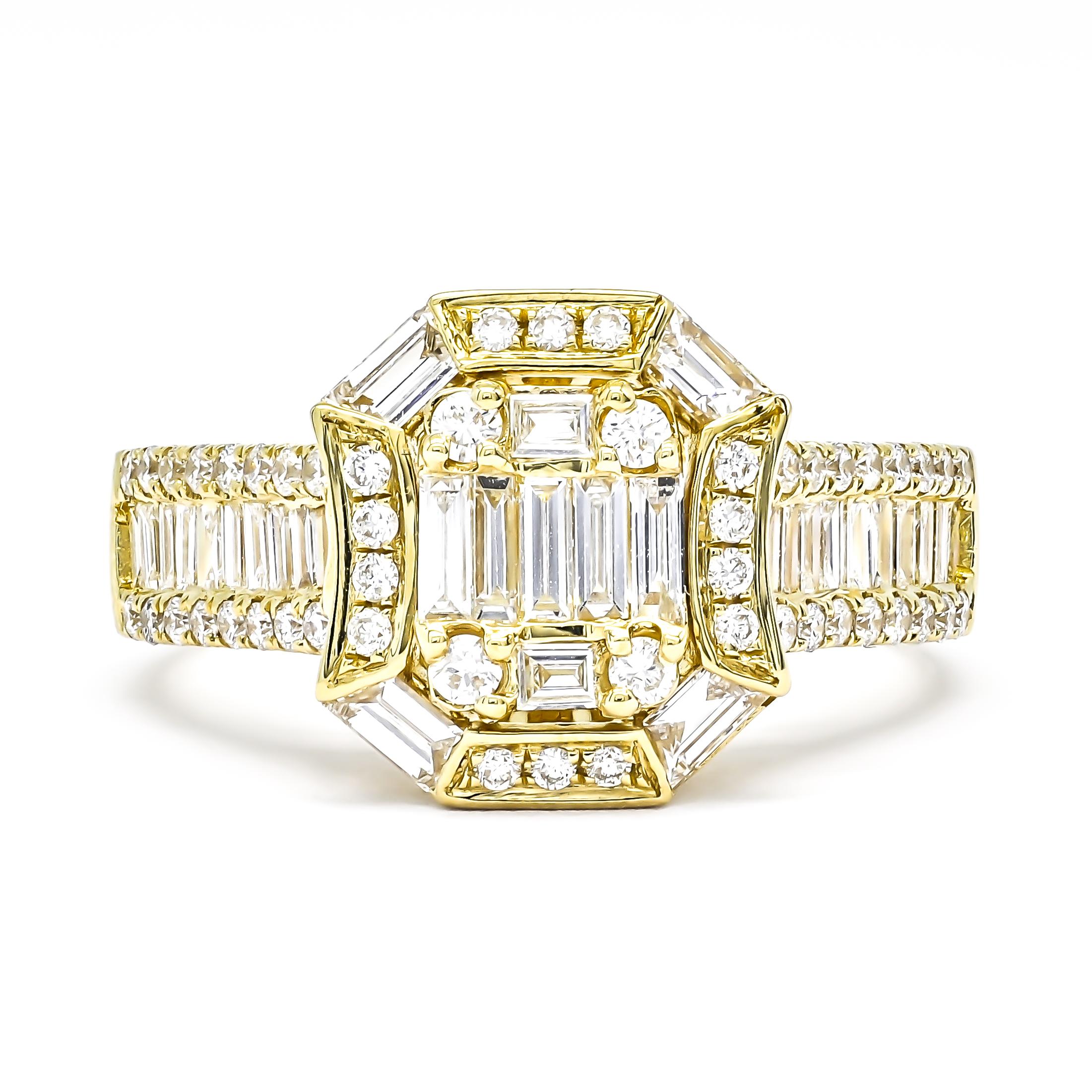 Baguette Cut 18KT Yellow Gold Art Deco Baguette Round Diamond Cluster Halo Engagement Ring For Sale