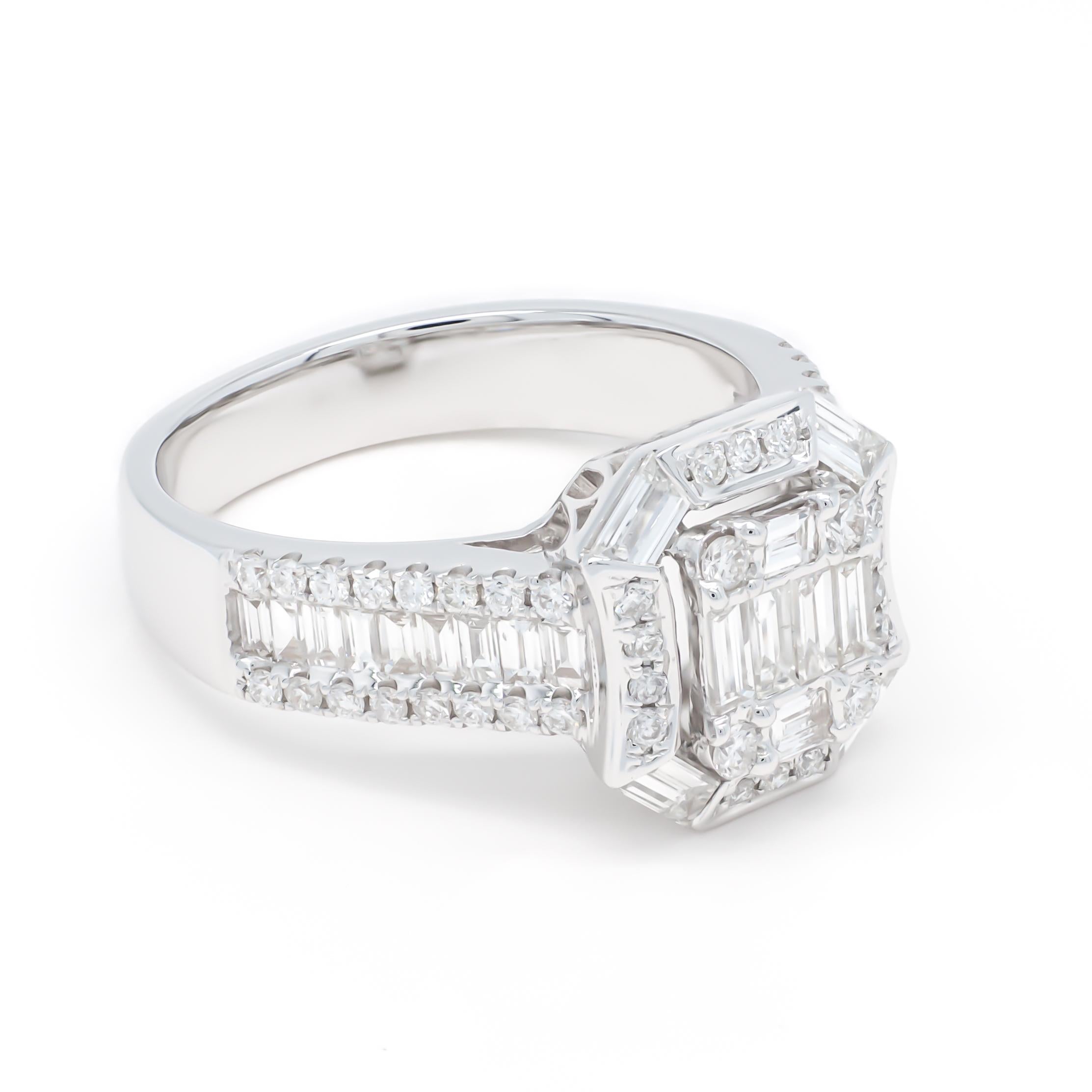 18KT Yellow Gold Art Deco Baguette Round Diamond Cluster Halo Engagement Ring For Sale 1