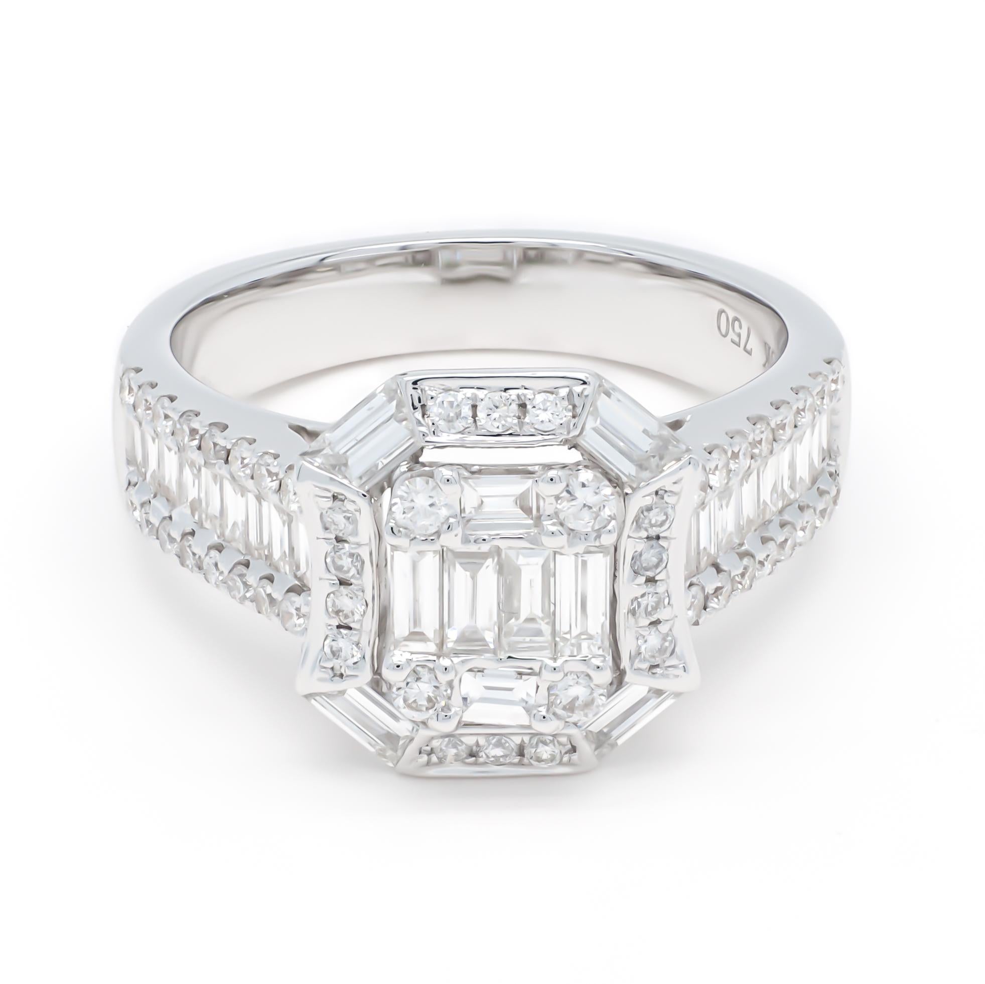 18KT Yellow Gold Art Deco Baguette Round Diamond Cluster Halo Engagement Ring For Sale 2