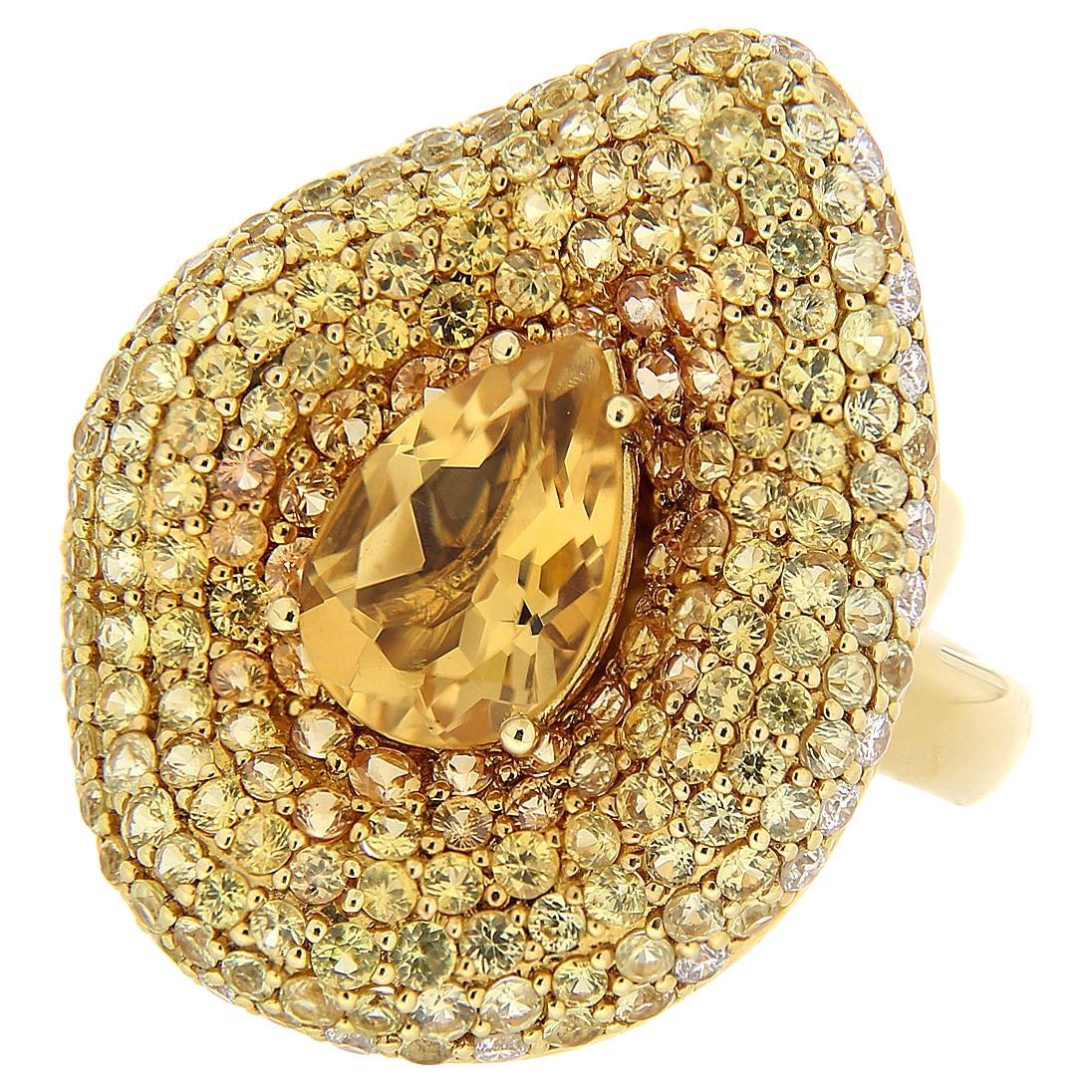 18Kt Yellow Gold "Arum Flower" Ring, Drop-Cut Citrine Sapphires & Diamonds For Sale
