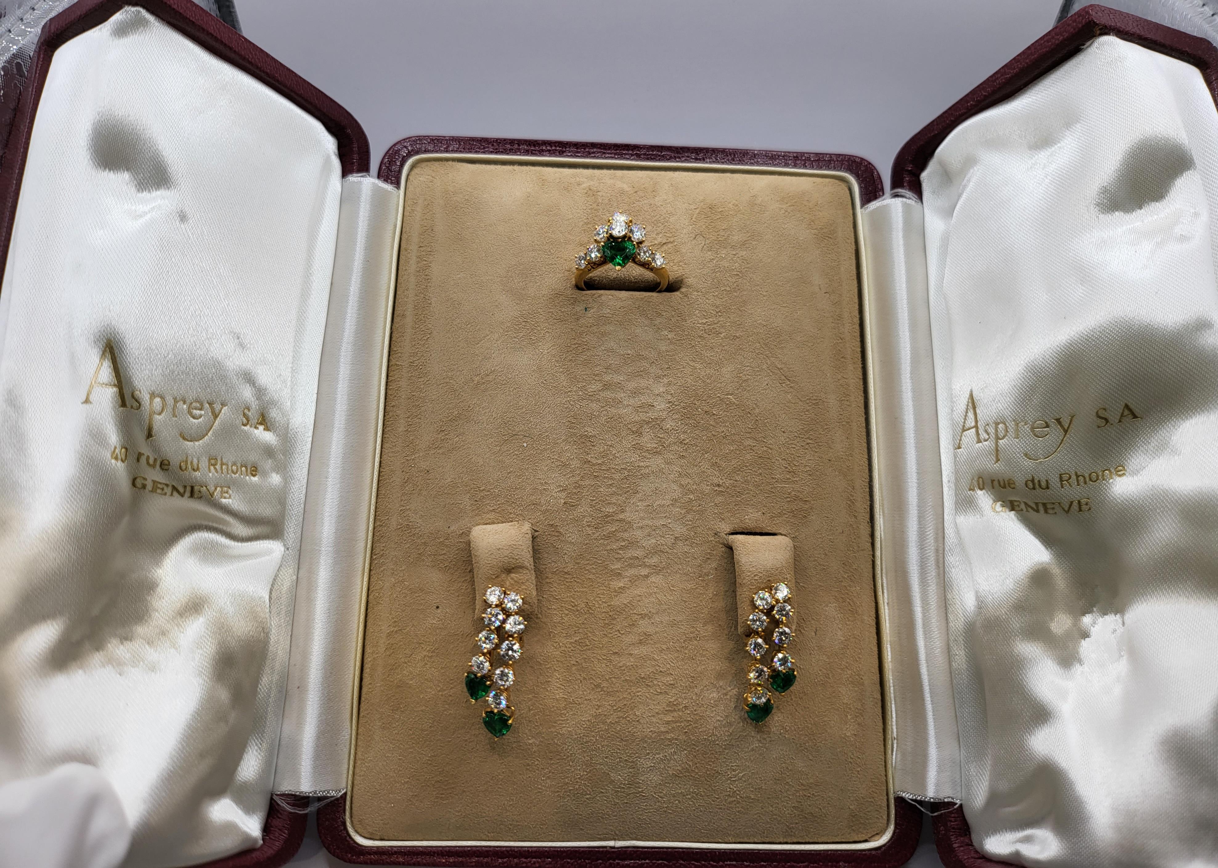 18kt Yellow Gold Asprey Genève Set Clip On Earrings & Ring Emeralds, Diamonds For Sale 8