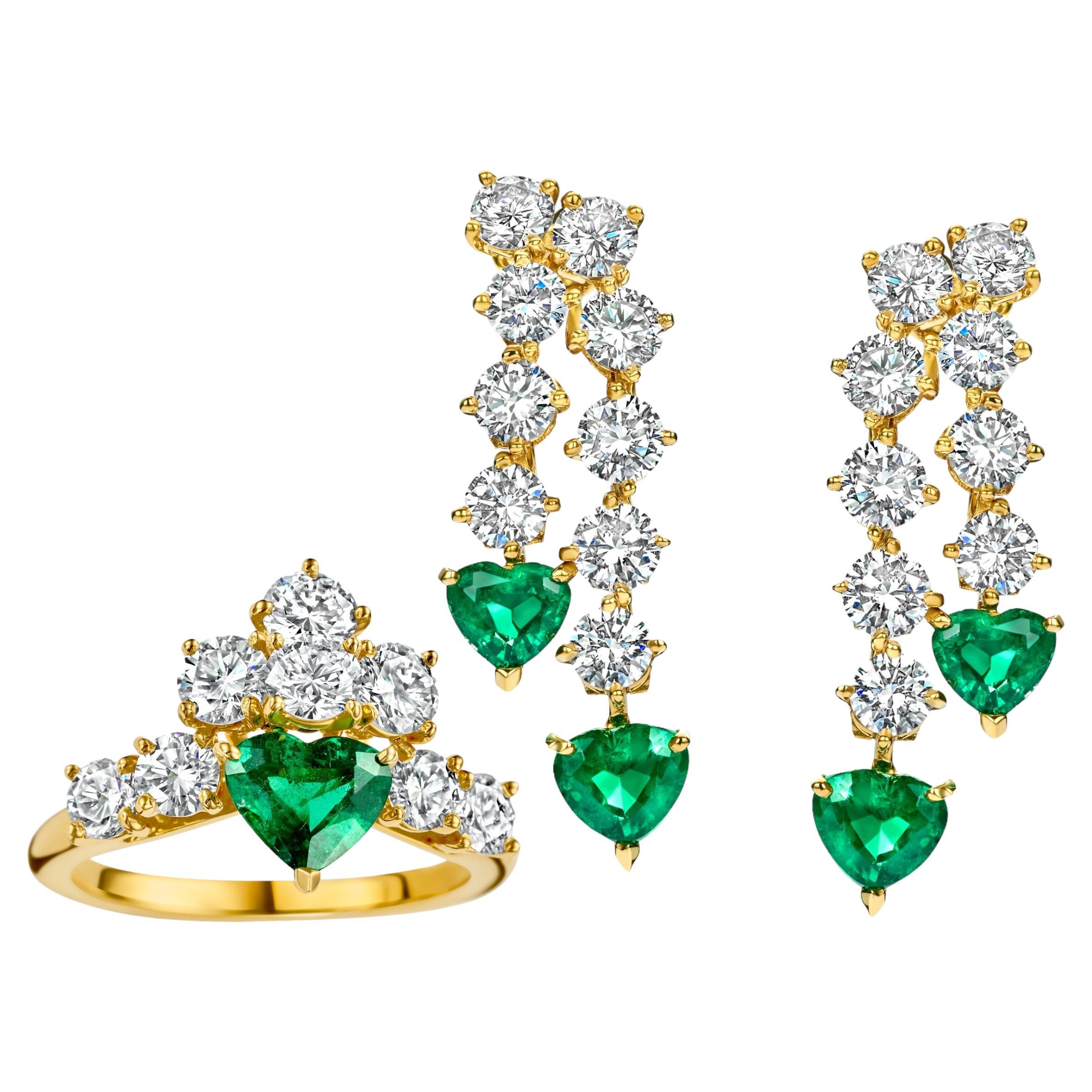 18kt Yellow Gold Asprey Genève Set Clip On Earrings & Ring Emeralds, Diamonds