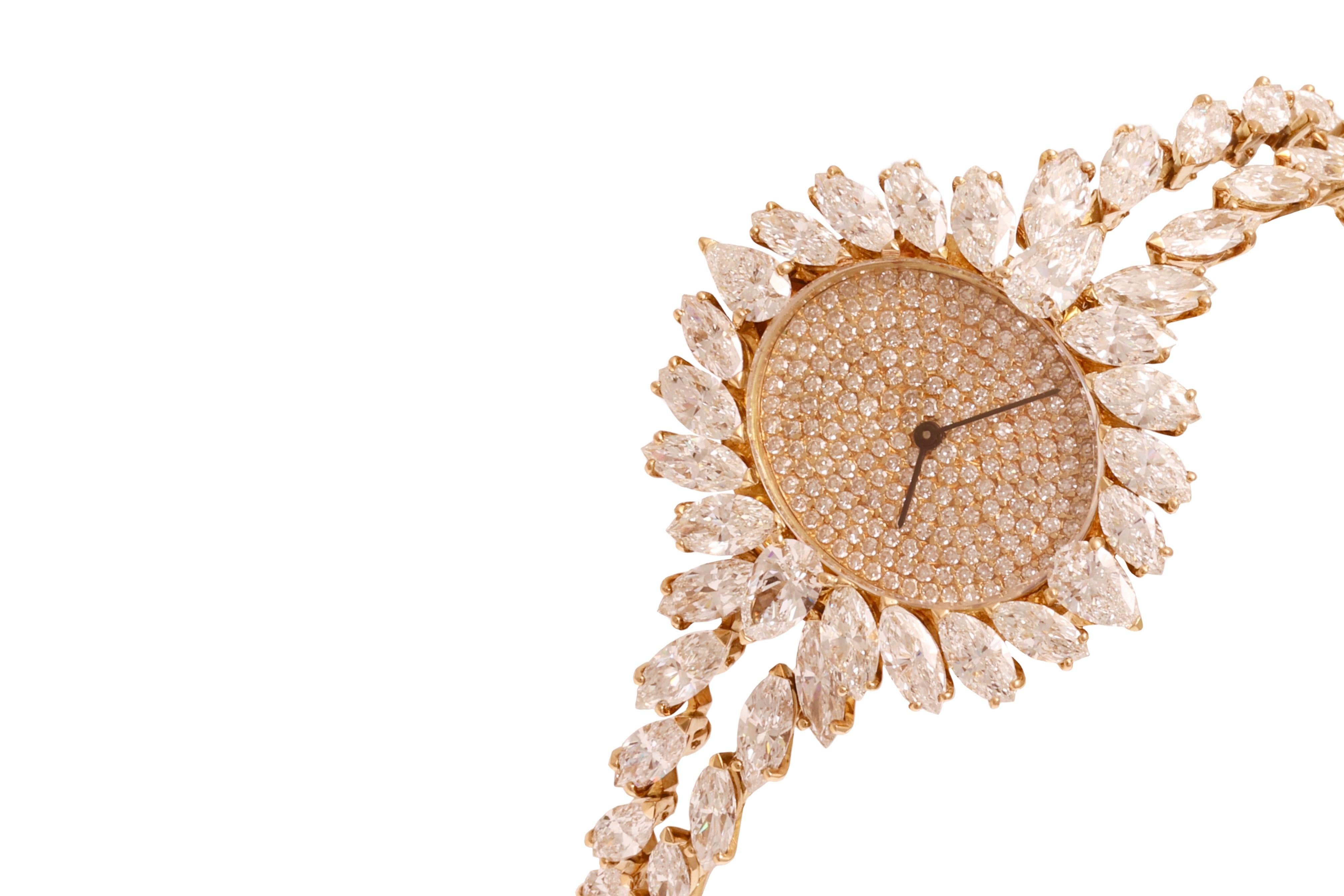 18kt. Yellow gold Asprey London Wrist Watch / Bracelet  Marquise 21 Ct Diamonds In Excellent Condition In Antwerp, BE