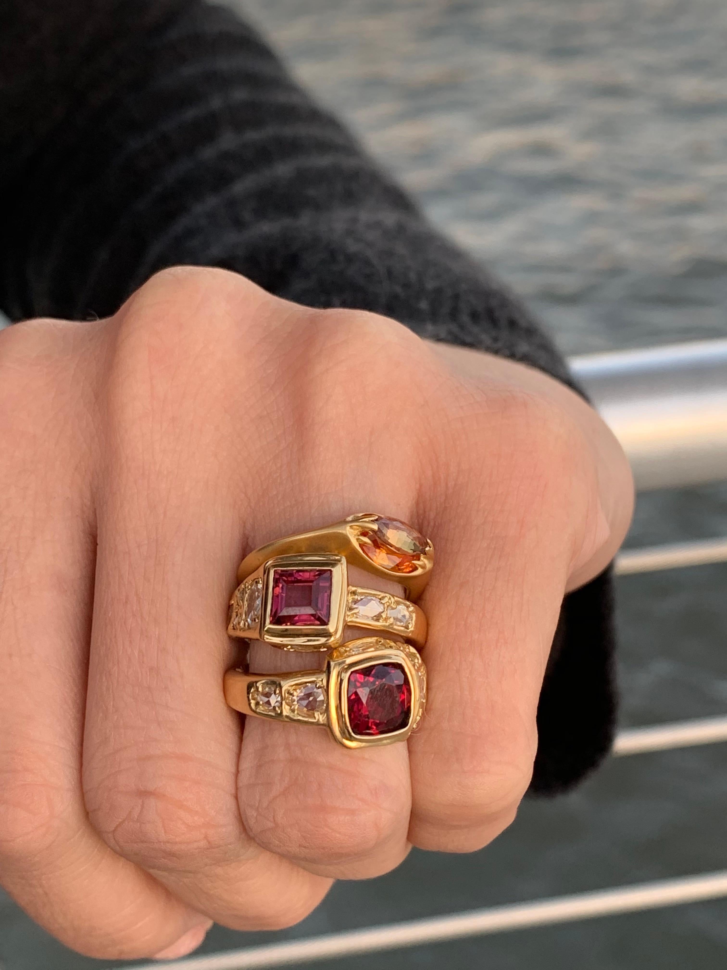 18kt Yellow Gold Asymmetrical Cushion Garnet Ring with White Rose Cut Diamonds In New Condition For Sale In Weehawken, NJ