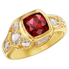 18kt Yellow Gold Asymmetrical Cushion Garnet Ring with White Rose Cut Diamonds