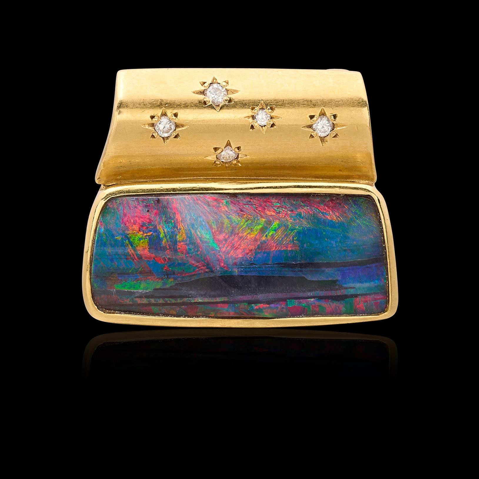 Uncut 18kt Yellow Gold Australian Opal & Diamond Pendant For Sale