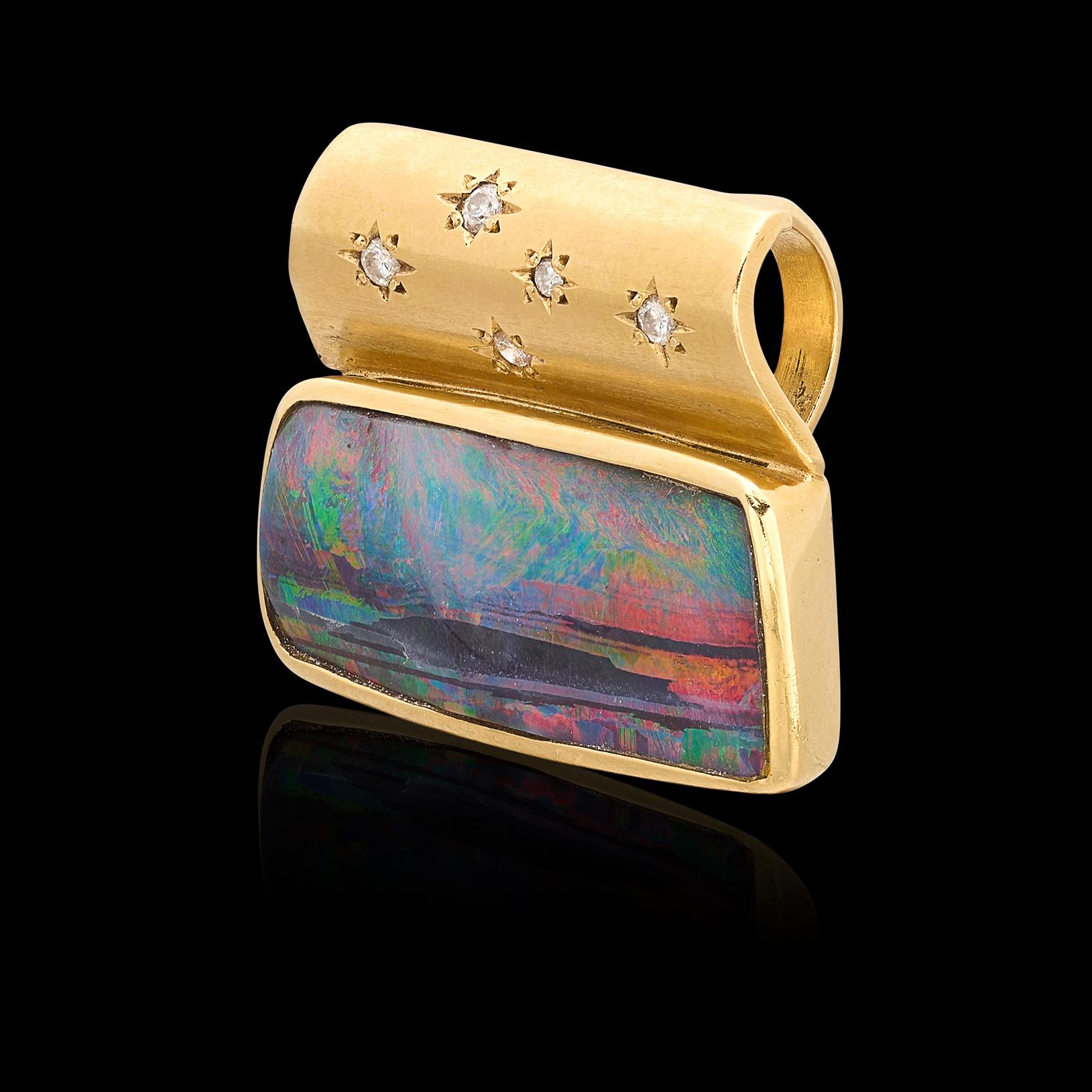 Women's 18kt Yellow Gold Australian Opal & Diamond Pendant For Sale