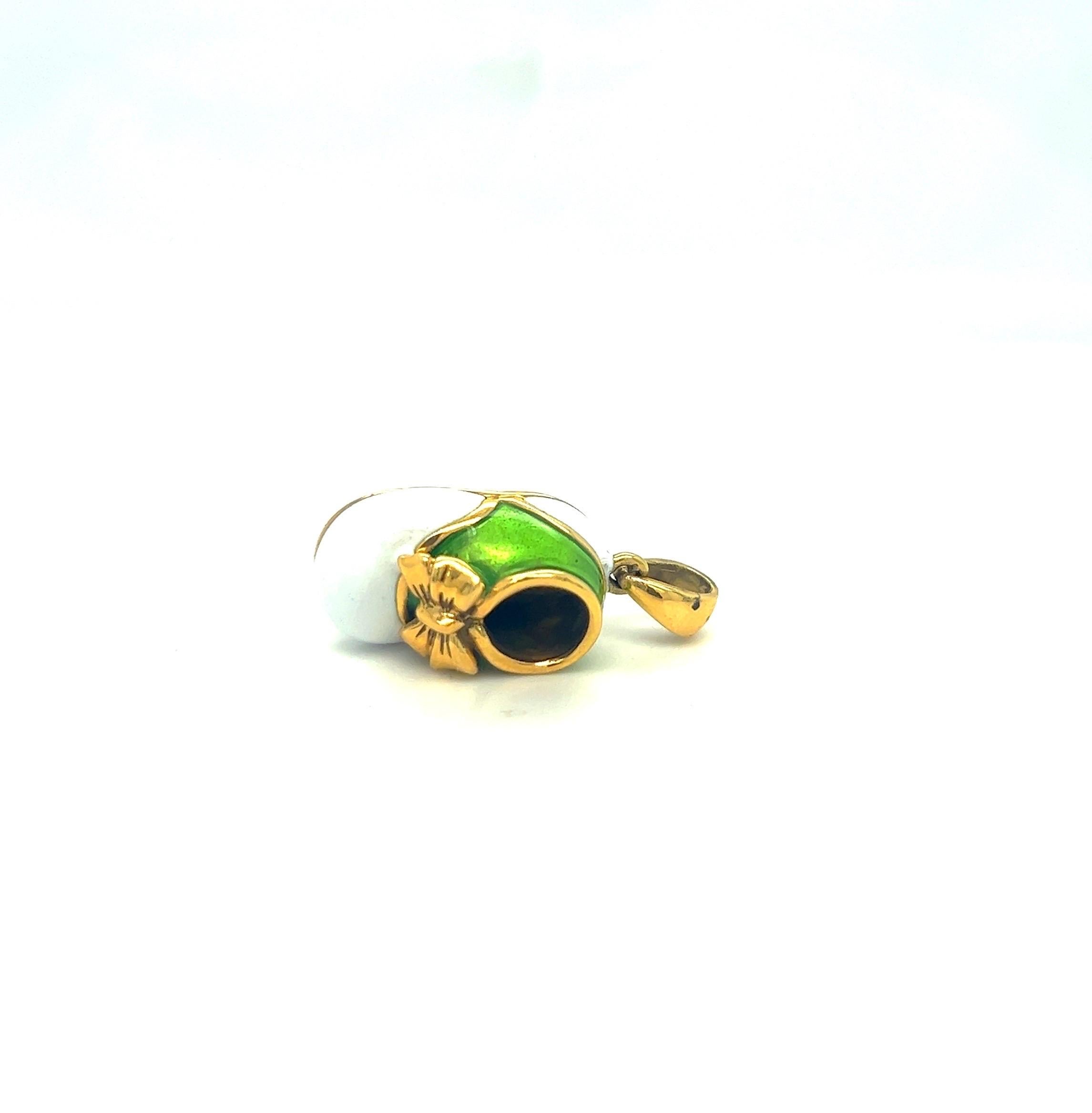 Modern 18KT Yellow Gold Baby Shoe Charm Green/ White Enamel With YG Bow For Sale